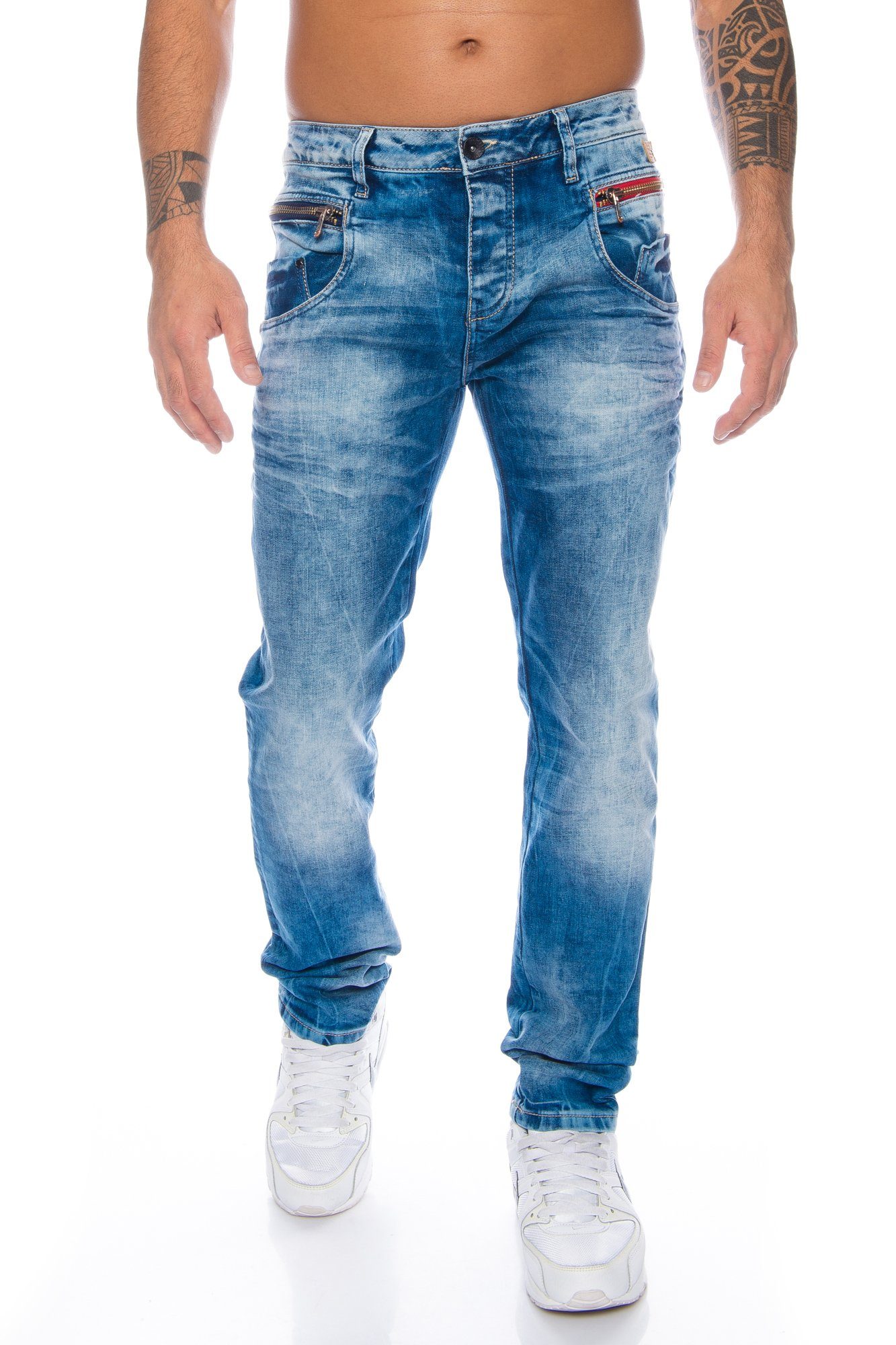 Cipo & Baxx Slim-fit-Jeans Herren Jeans hose mit modischem Design und Stretch Freizeithose mit farbigem Stoff an den Münztaschen | Stretchjeans