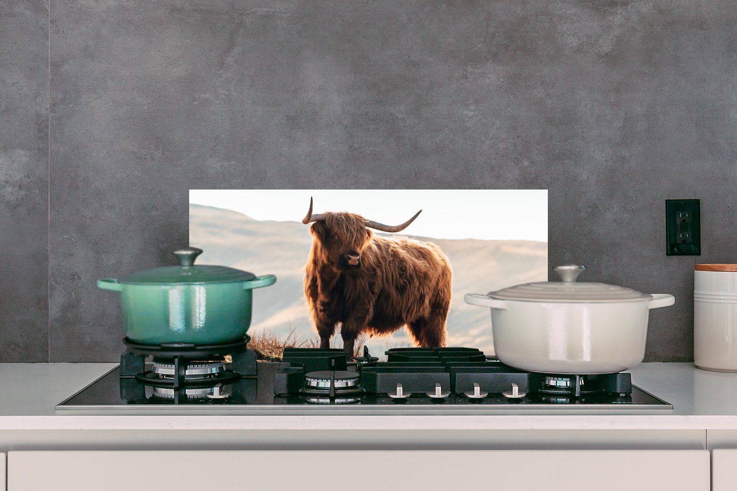 - 60x30 cm, Landschaft - Küchen Fett Natur, (1-tlg), - Ländlich Schottische - Küchenrückwand für Kuh und Highlander MuchoWow Wandschutz, Schmutzflecken - gegen Tiere