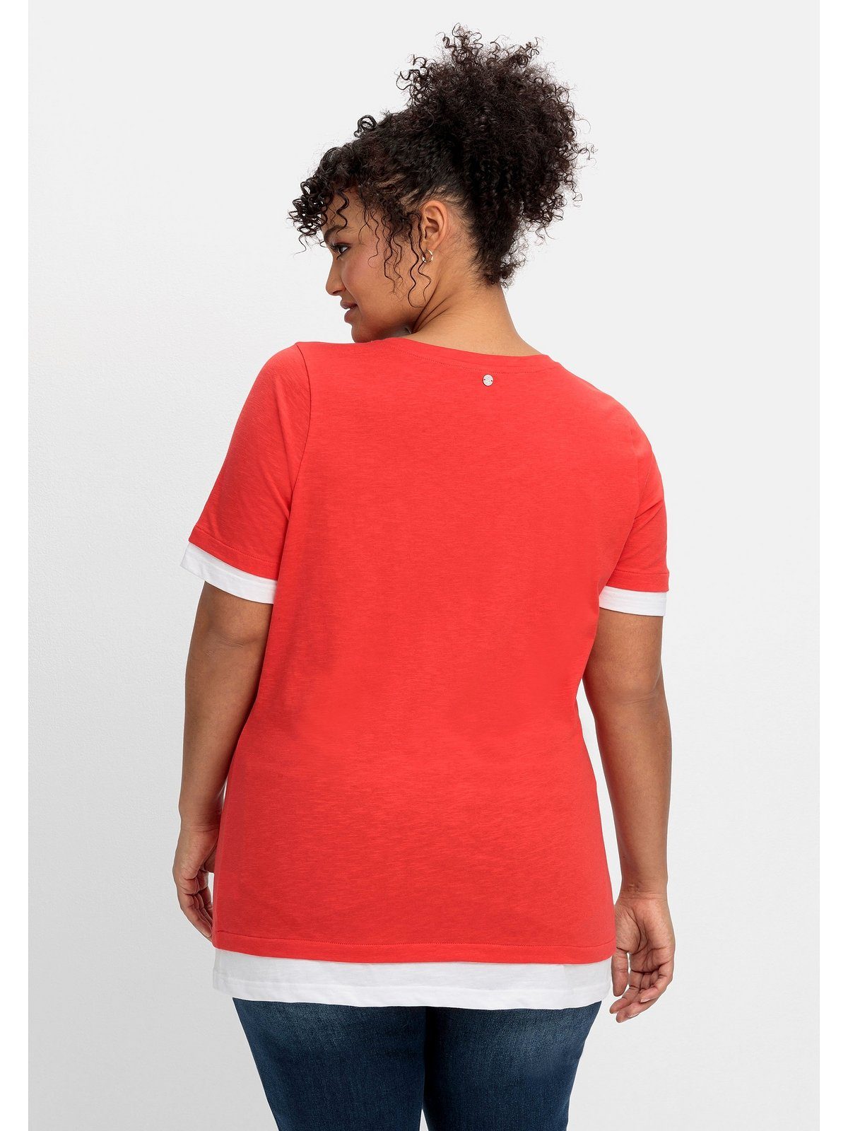 2-in-1-Optik, V-Ausschnitt mit in Sheego 2-in-1-Shirt Größen Große rot-weiß