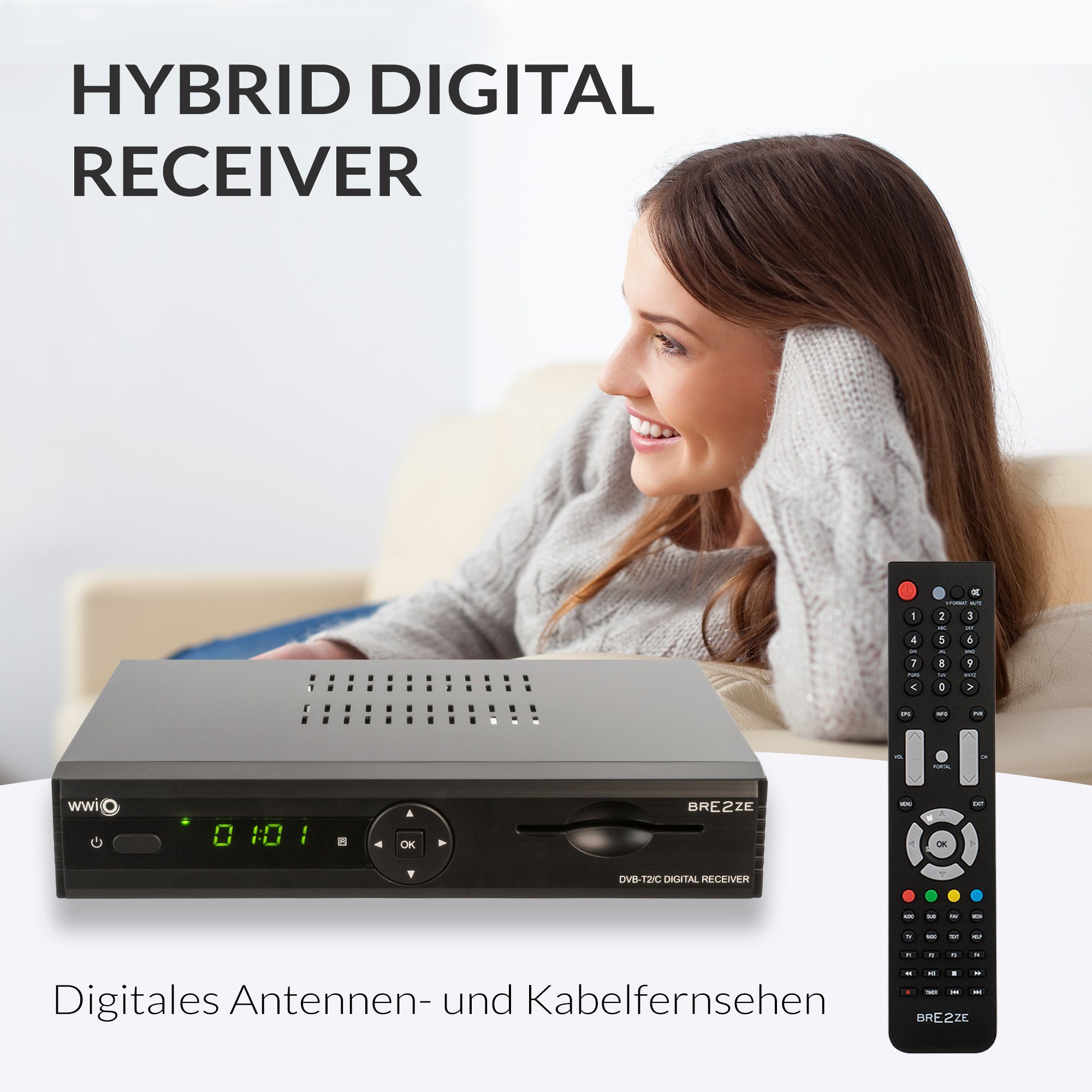 WWIO Bre2ze T2/C DVB-T2/C Hybrid Digital Receiver DVB-T2 HD Receiver (Ethernet 10/100 Mbit/s, HEVC‑Decoder für klare Bildqualität bis 1080p)