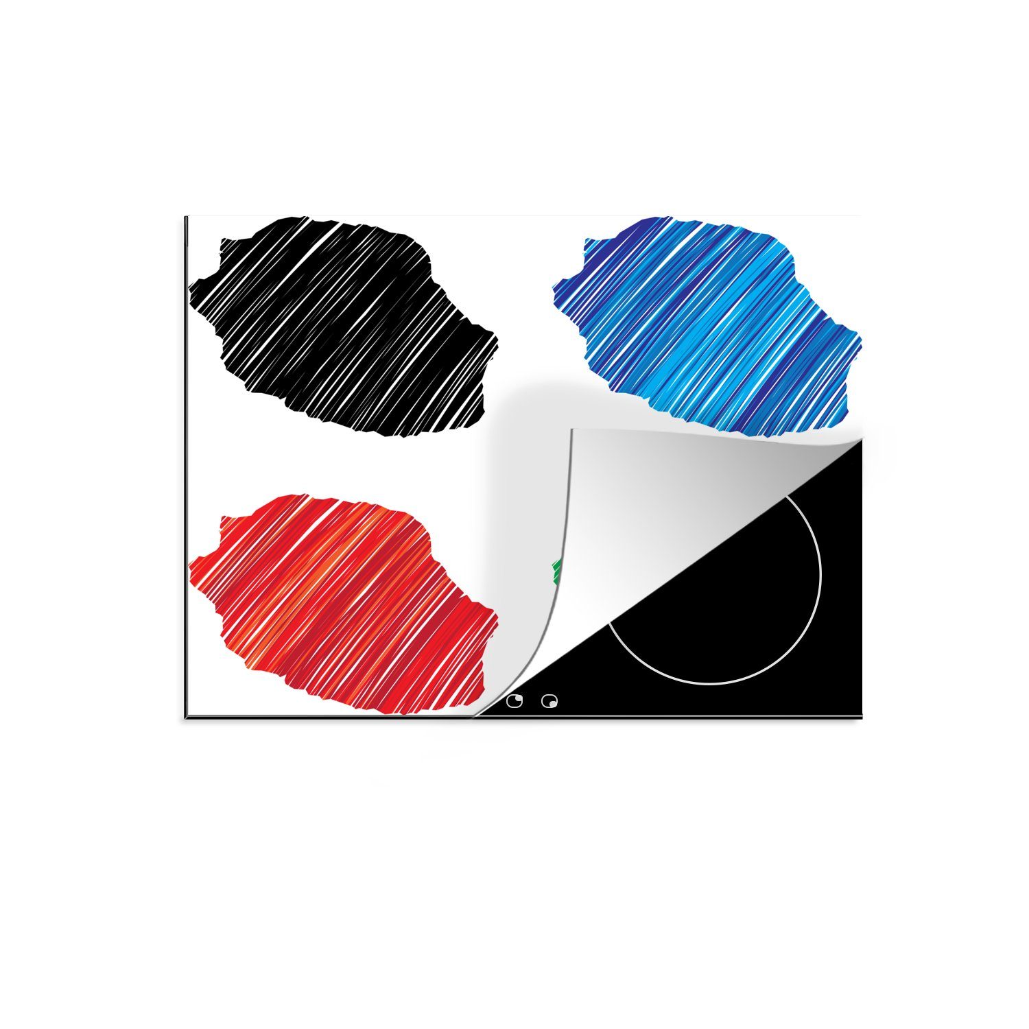 MuchoWow Herdblende-/Abdeckplatte Vier Abbildungen der Insel La Réunion in verschiedenen Farben, Vinyl, (1 tlg), 57x51 cm, Induktionsschutz, Induktionskochfeld, Ceranfeldabdeckung