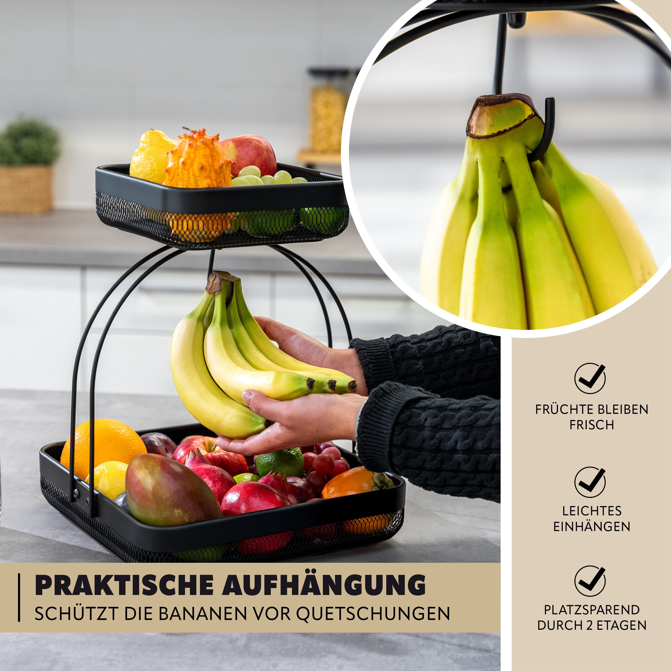 eluno Obstschale 2-stöckig mit Bananenhalter aus schwarzem Metall, Metall, (1-tlg)