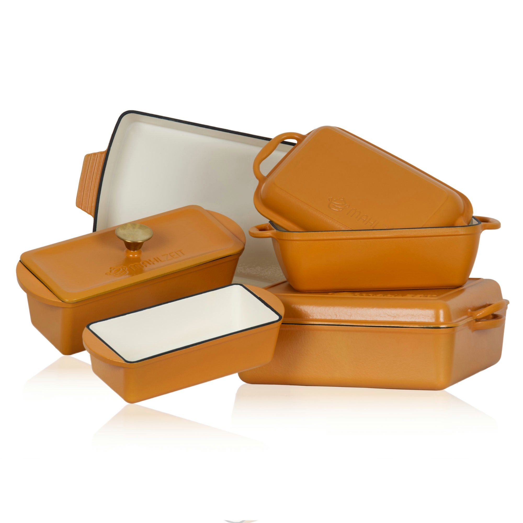 Bräter Bräterset 5-teilig, Sunny Orange, Gusseisen Bräter und Auflaufform