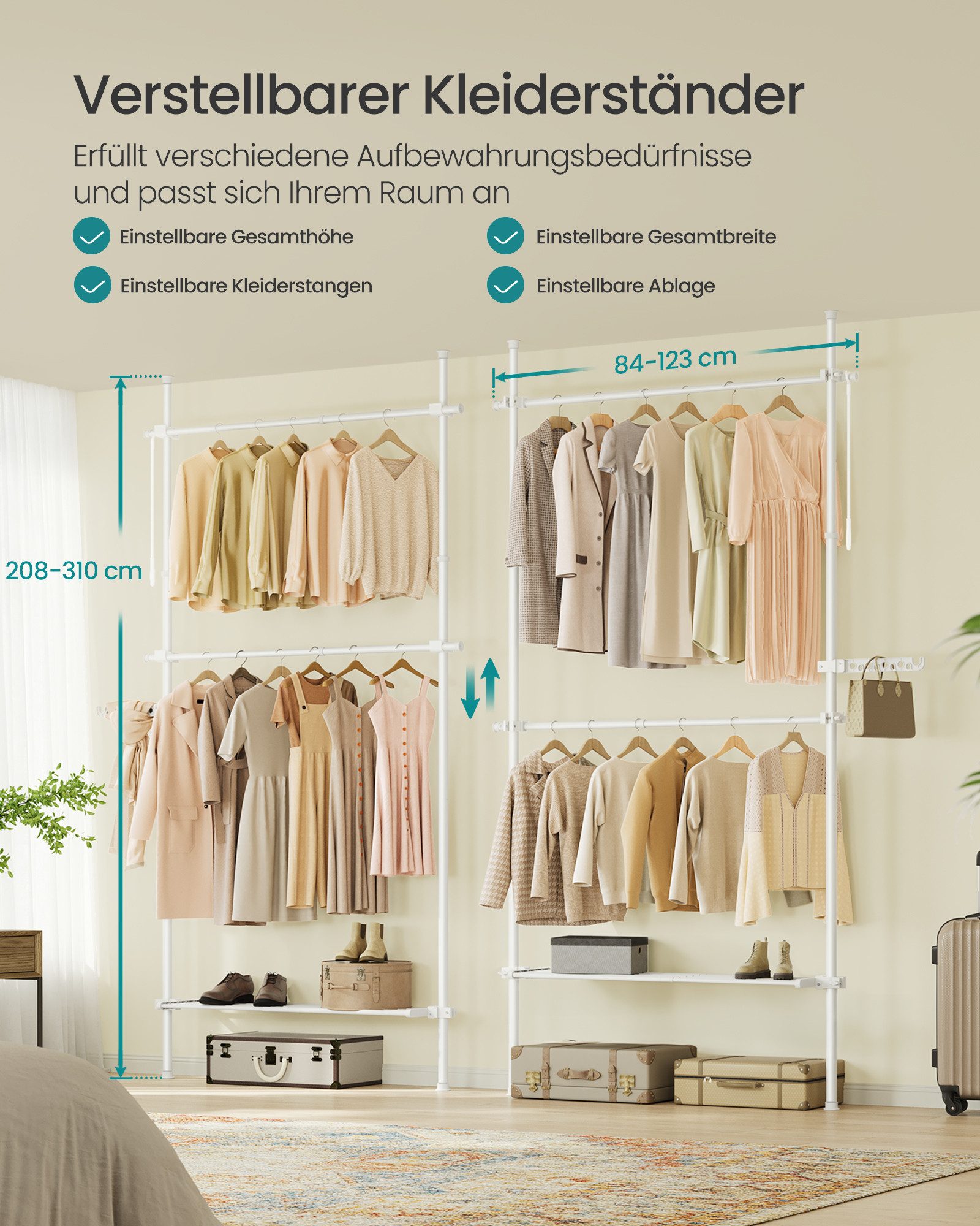 SONGMICS Kleiderständer deckenhoch, 3-stufige Garderobe, höhen und breitenverstellbar, offener, (mit abnehmbarer Ablage), Garderobenleiste, Greifarm, bis 47,5 kg belastbar, 123 x 208 x 33.5 cm