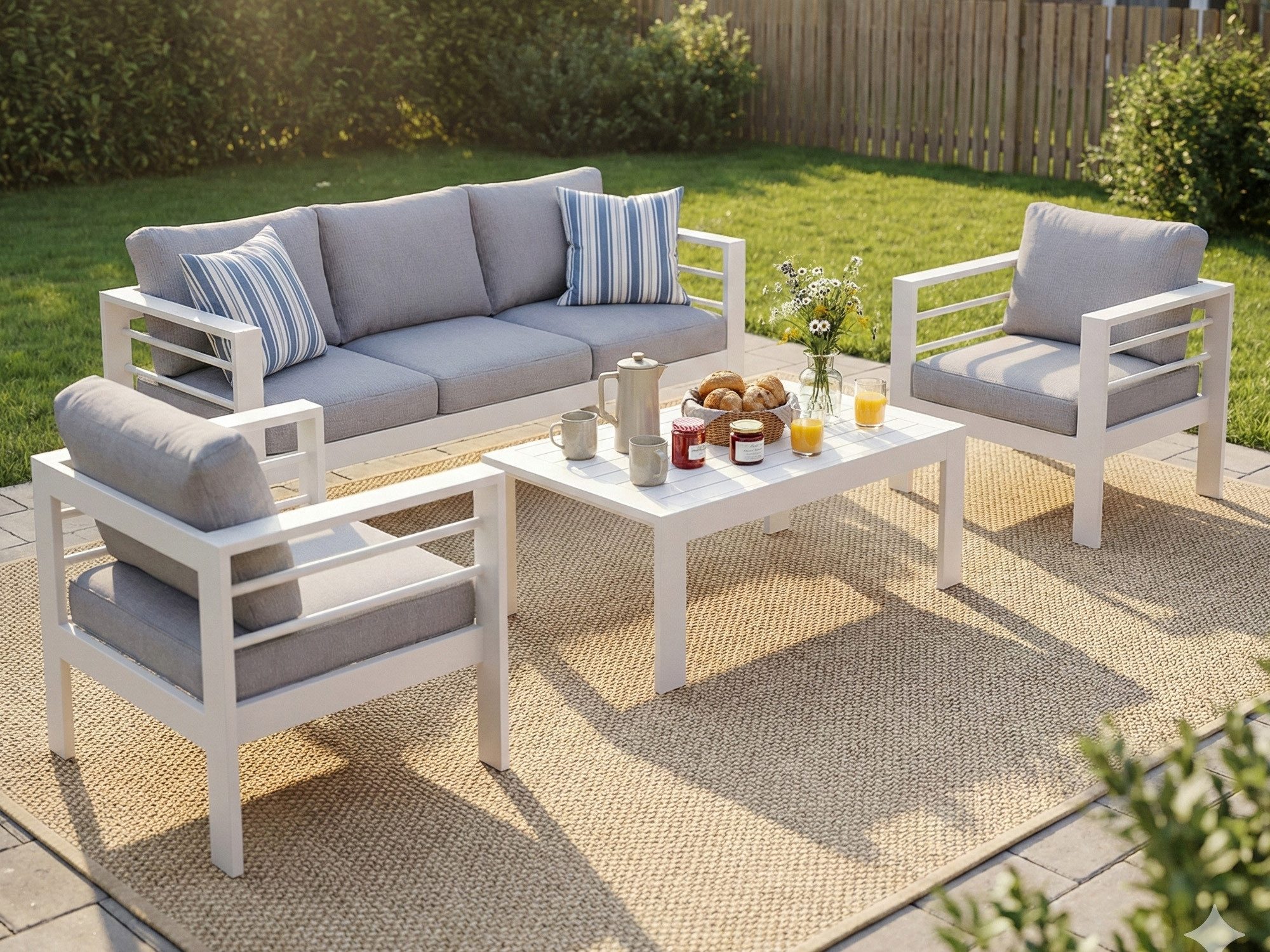 MeXo Gartenlounge-Set XXL Gartenmöbel Set Aluminium Outdoor, (weiß, harmonieren mit Licht bei Nacht, 4-tlg., Passt zum skandinavischen, mediterranen oder minimalistischen Stil), wetterfest Sitzgruppe Essgruppe Gartengarnitur für 4-5 Personen