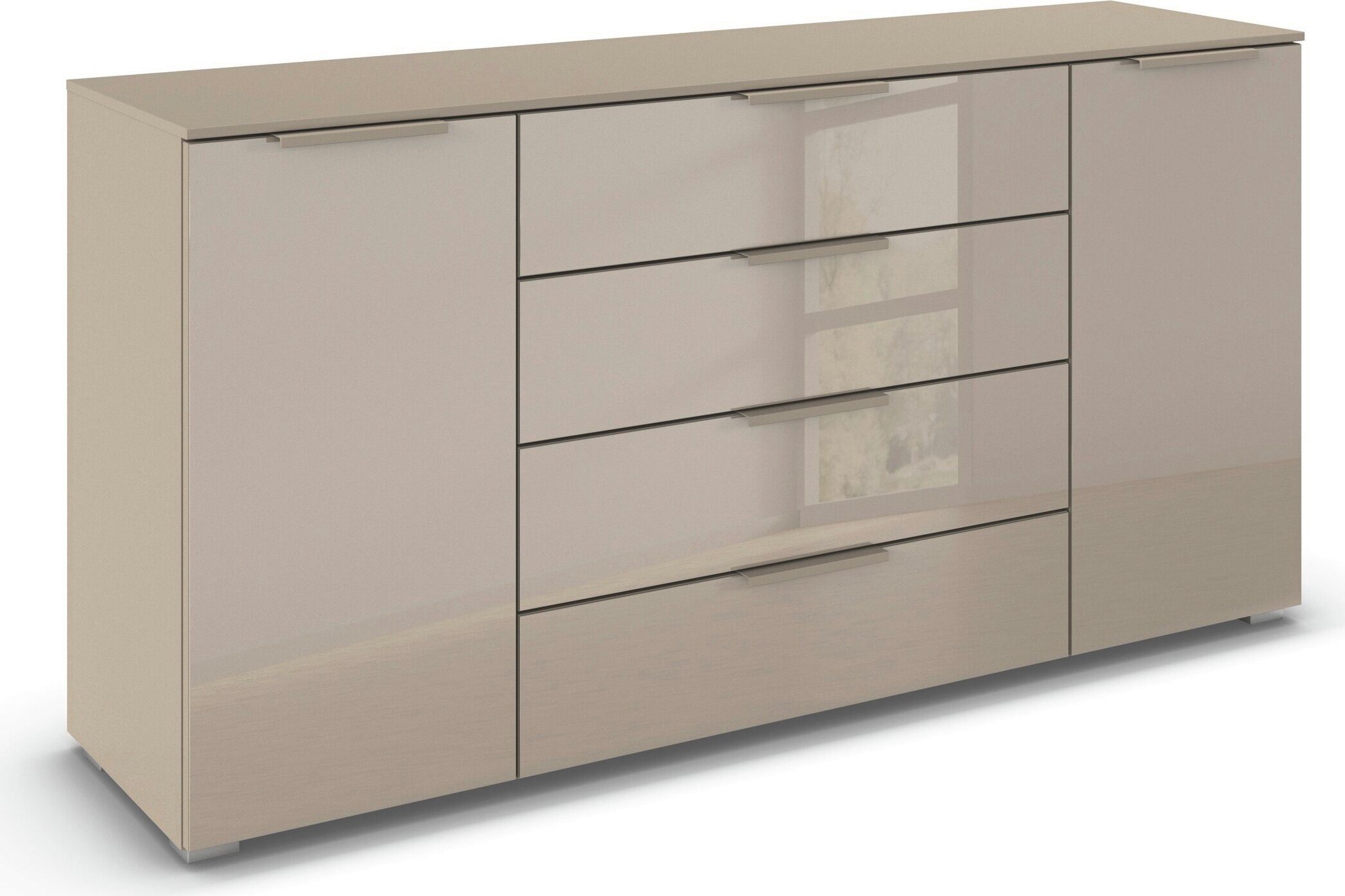 rauch Kombikommode Sideboard Schubkommode Kommode MONTCLAR Front Dekor/Hochglanz/Glas (Breite 160 / Höhe 81 cm, 2 Einlegeböden, inkl. Soft-Close-Funktion), 2-türig, 4 geräumige Schubladen, viele Griffvarianten MADE IN GERMANY