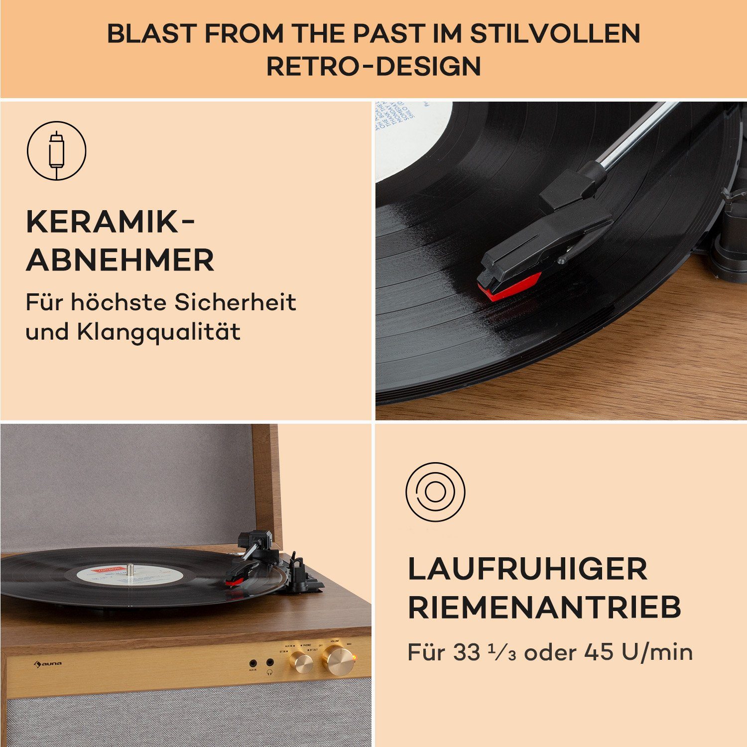 TT AUX Plattenspieler Auna lautsprecher Bluetooth, (Riemenantrieb, IN Berklee Bluetooth Holz) Case Kopfhöreranschluss