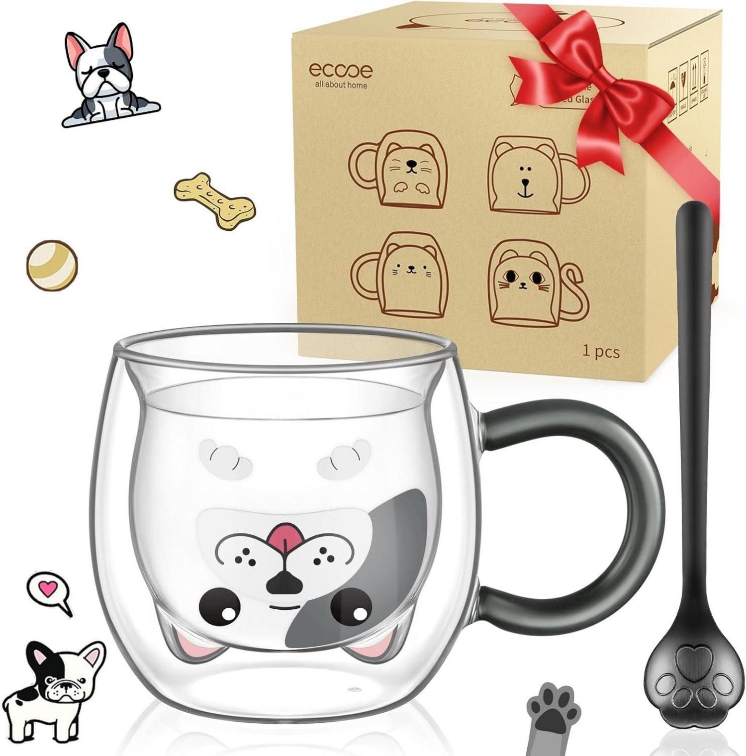 LuxusKollektion Latte-Macchiato-Glas Doppelwandige Hund Tasse 280ml mit Löffel, Geschenk für Frauen Männer