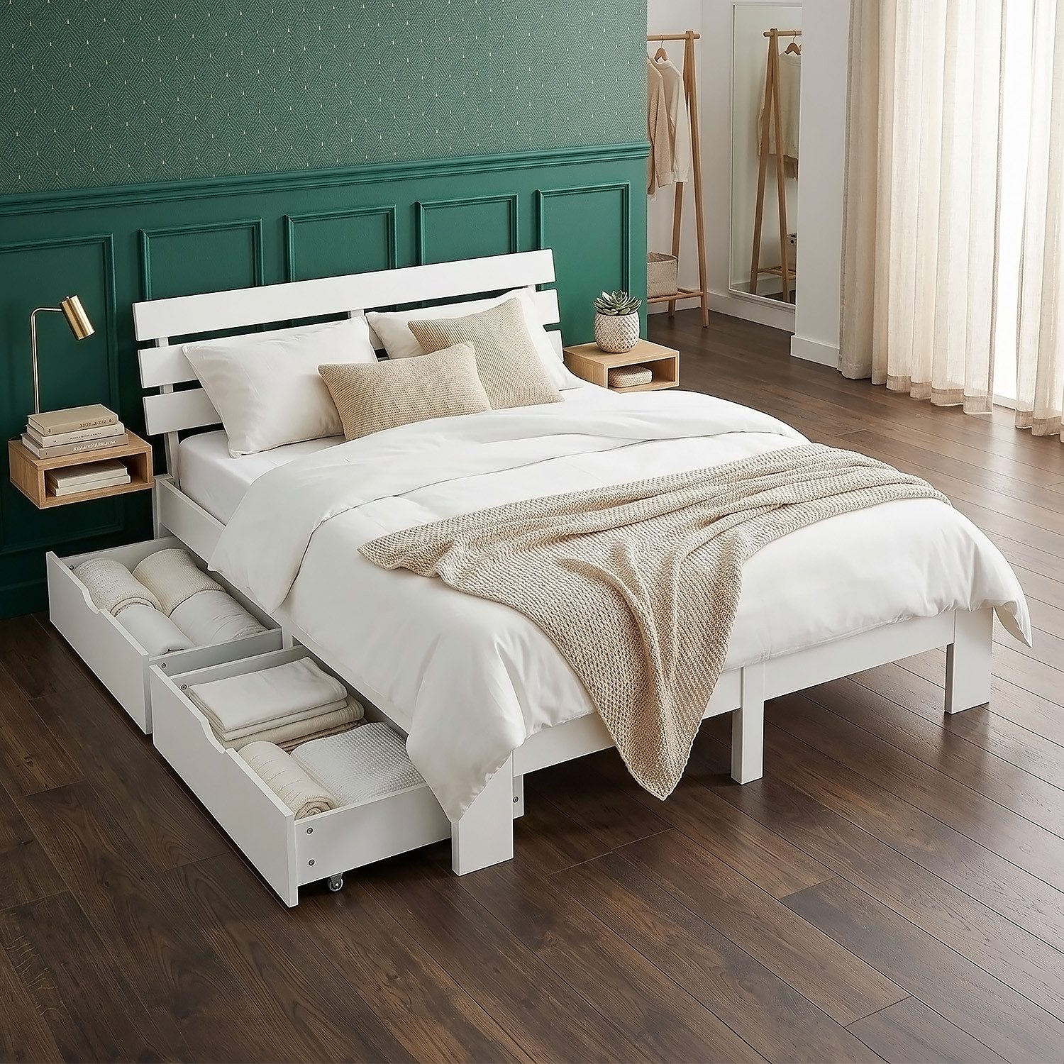 Homestyle4u Holzbett 90x200 140x200 160x200 180x200 Bettkasten Lattenrost Natur Weiß Grau (Set, mit Lattenrost und 2 Bettkästen, Stauraumbett), 160x200, Kiefer, mit Stauraum, Weiß, schlicht