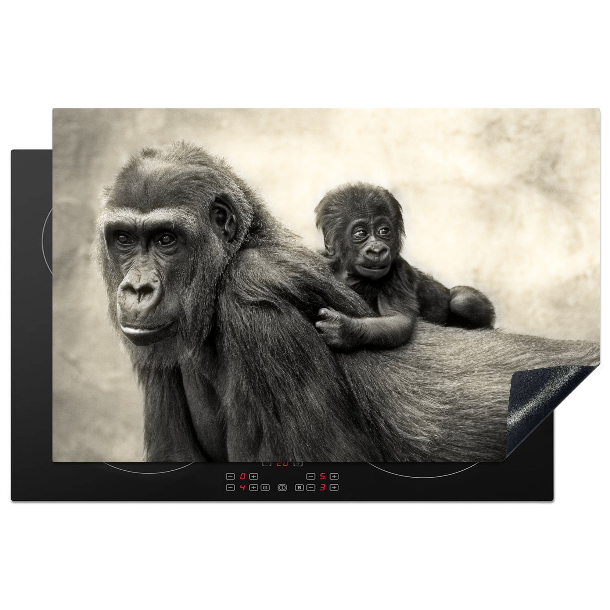 MuchoWow Herdblende-/Abdeckplatte Illustration Gorilla mit Jungtier, Vinyl, (1 tlg), 81x52 cm, Induktionskochfeld Schutz für die küche, Ceranfeldabdeckung