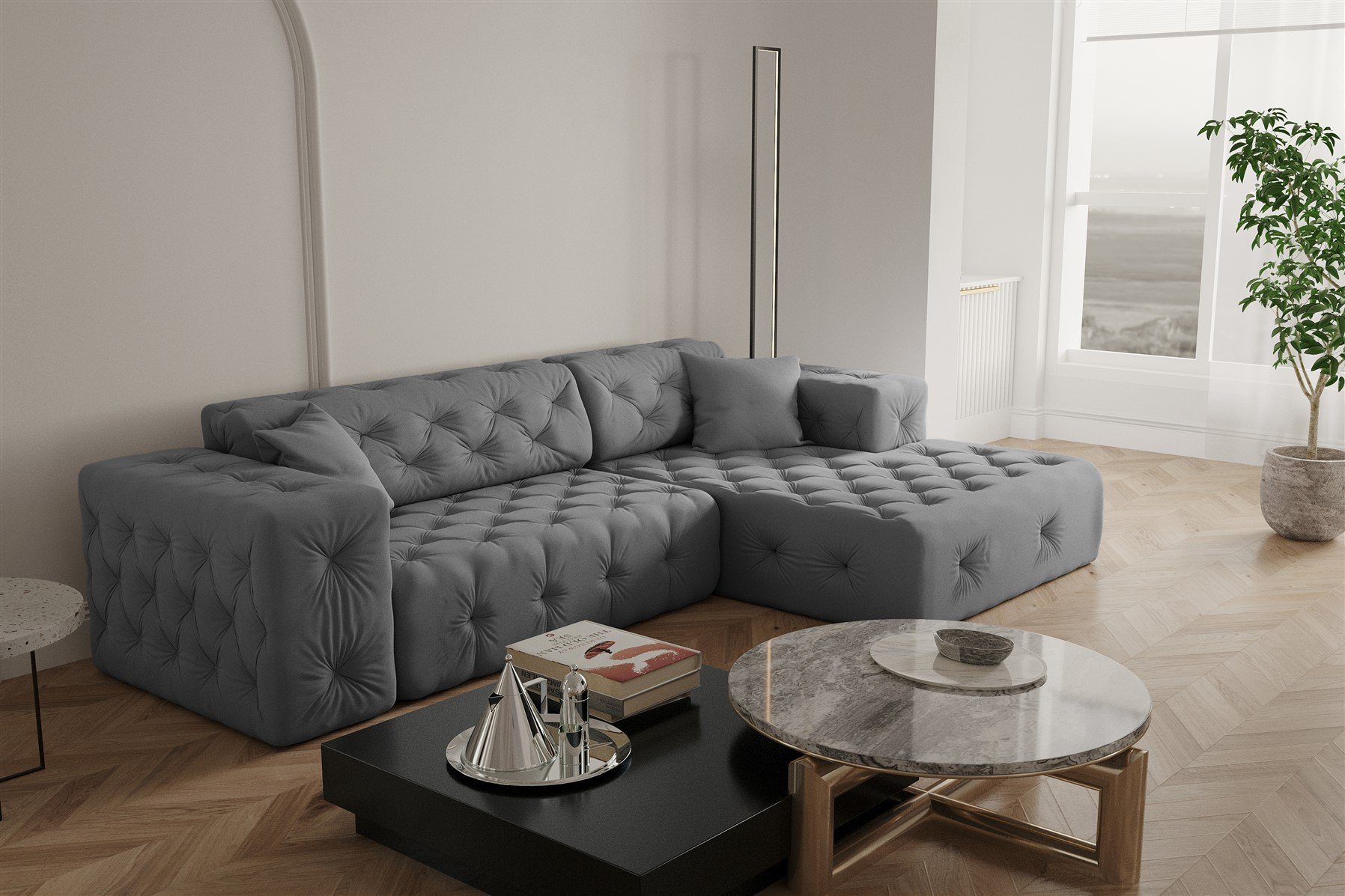 Fun Möbel Ecksofa Ecksofa Designersofa CHANTAL in Stoff Opera Velvet, mane Links oder Rechts, incl. 2 Zierkissen Grau