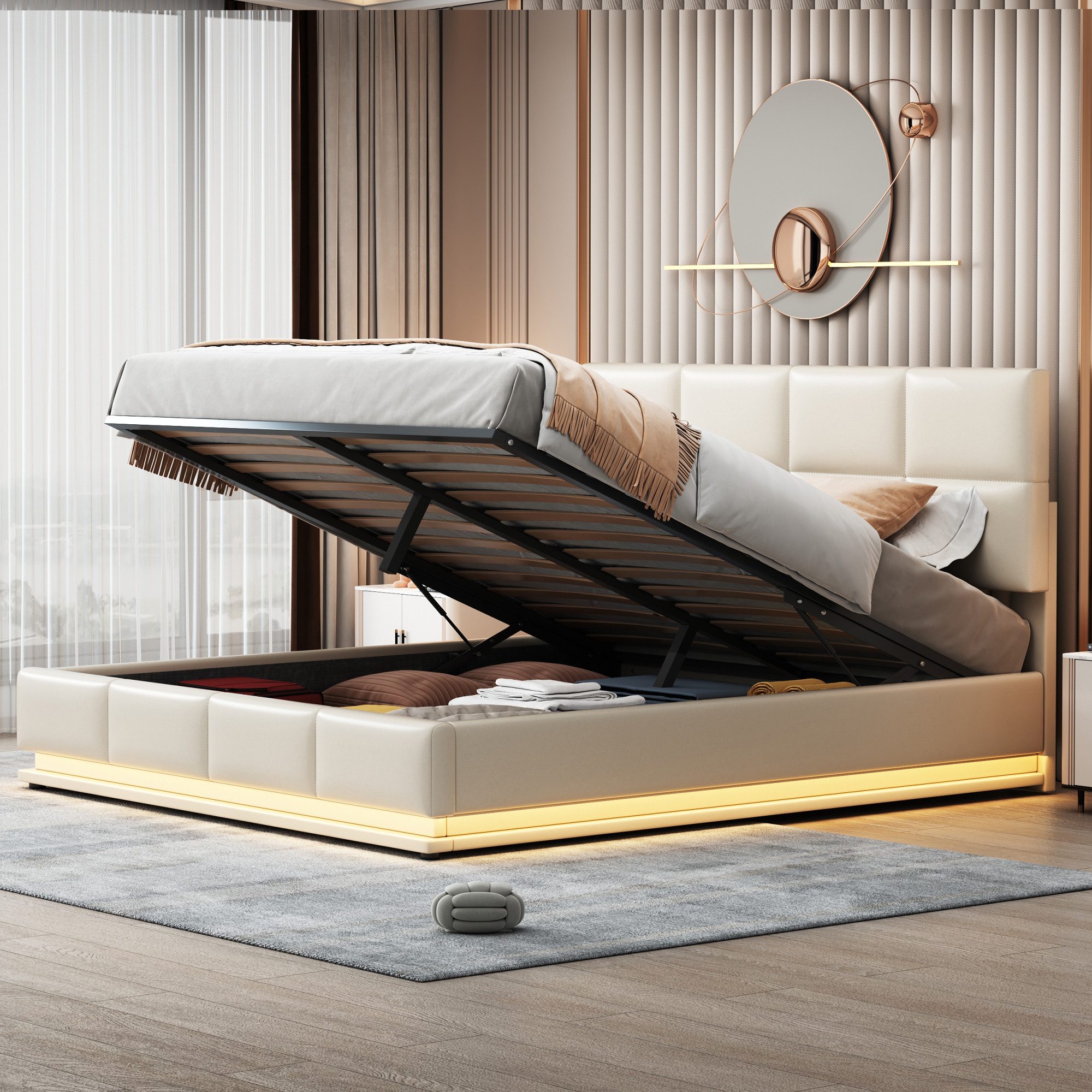 Flieks Polsterbett, LED hydraulisches Doppelbett Kunstleder 180x200cm günstig online kaufen