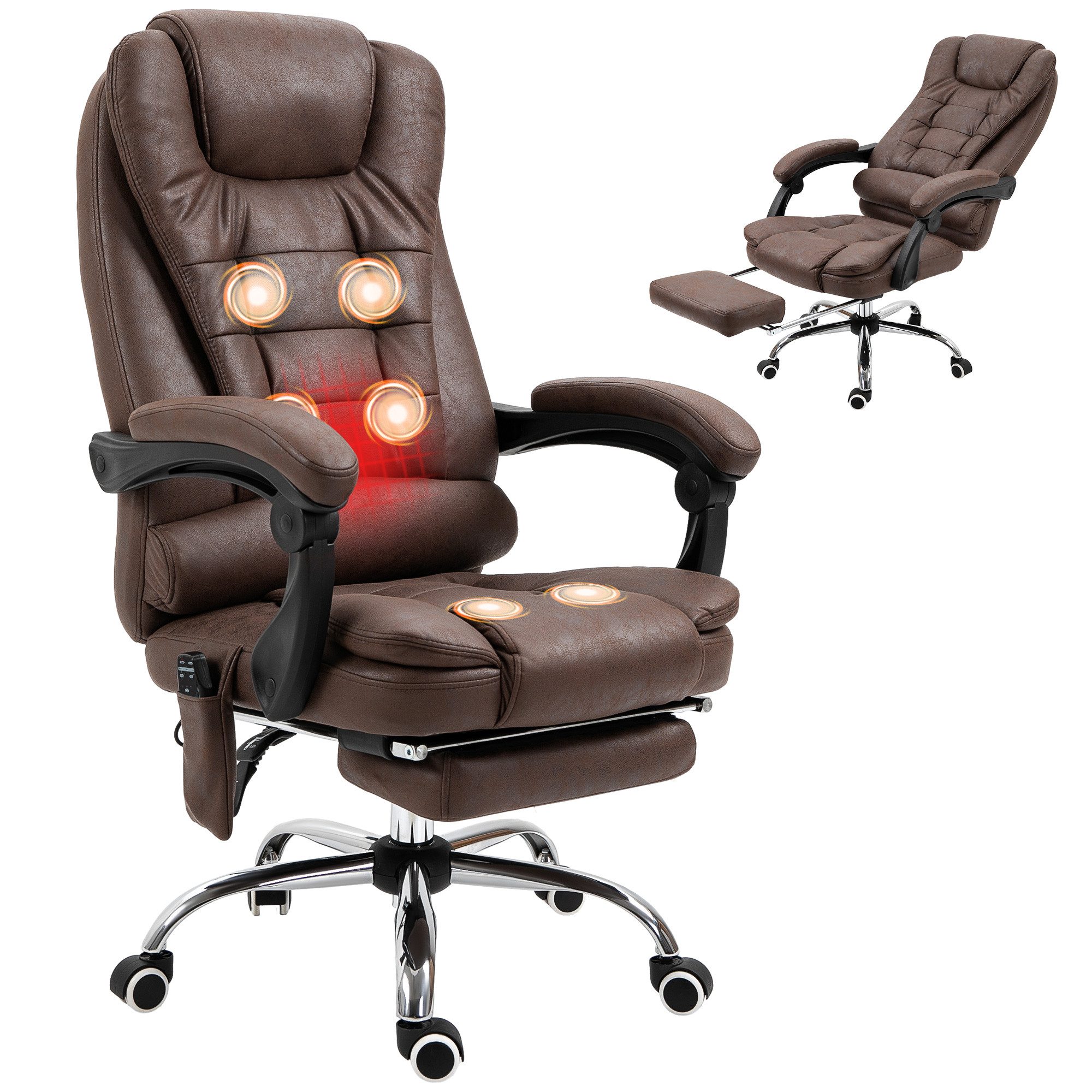 Vinsetto Schreibtischstuhl mit Massagefunktion, Ergonomisch; mit Liegefunktion, Heizfunktion (Computerstuhl, 1 St), höhenverstellbar, Braun
