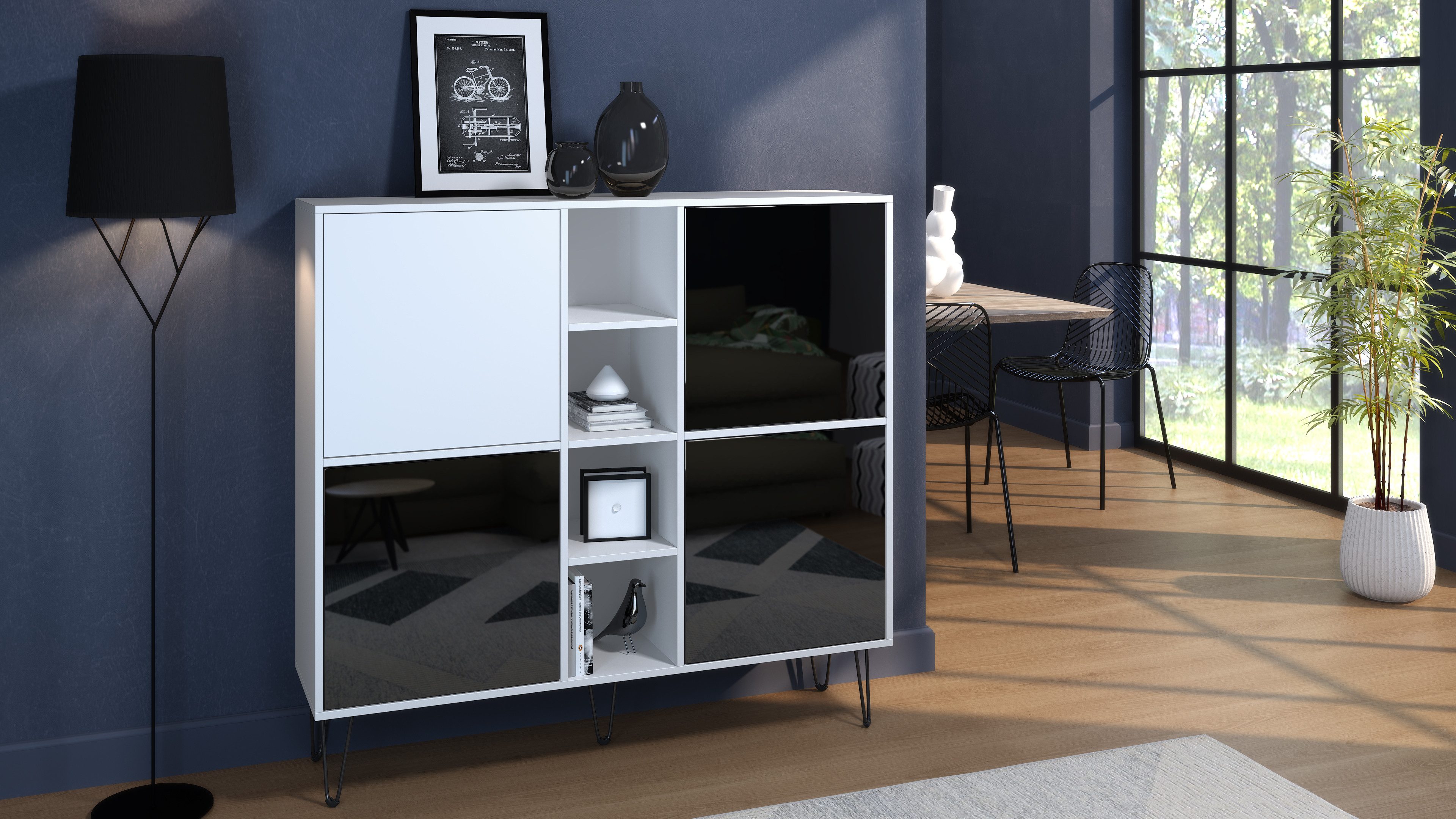 Vladon Highboard Havana V3 (Sideboard mit 4 Türen und 4 offene Fächer, Kommode Made in Germany), Weiß matt / Schwarz Hochglanz (130,5 x 124 x 35 cm)