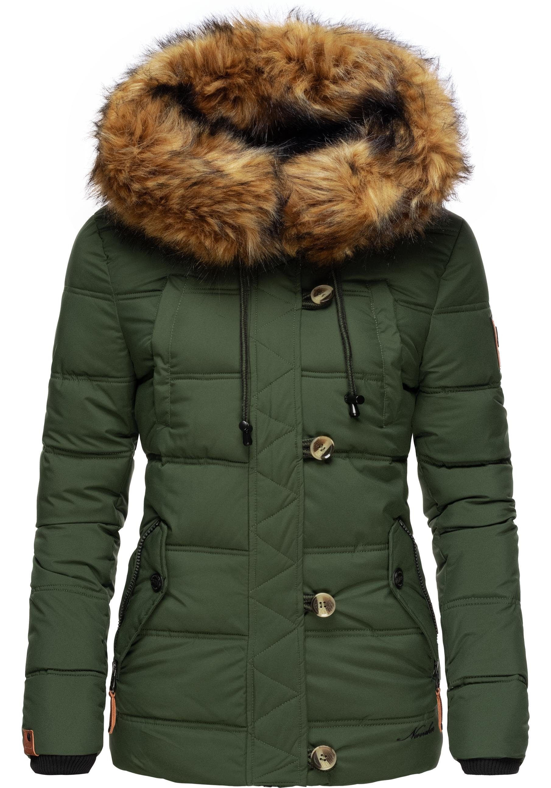 Navahoo Winterjacke Zoja stylische Kapuze grün Kunstpelz Steppjacke mit