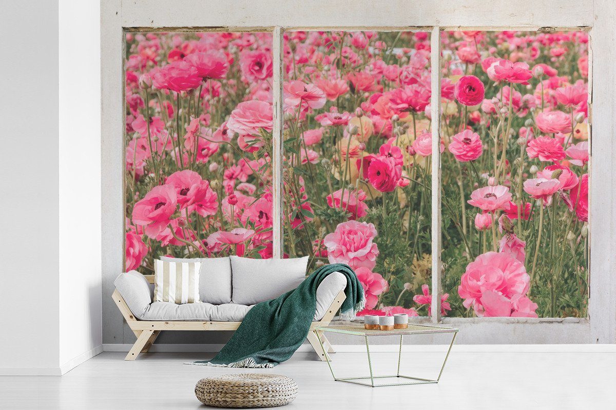 MuchoWow Fototapete Durchsichtig - Blumen - Rosa, Matt, bedruckt, (6 St), Wallpaper für Wohnzimmer, Schlafzimmer, Kinderzimmer, Vinyl Tapete