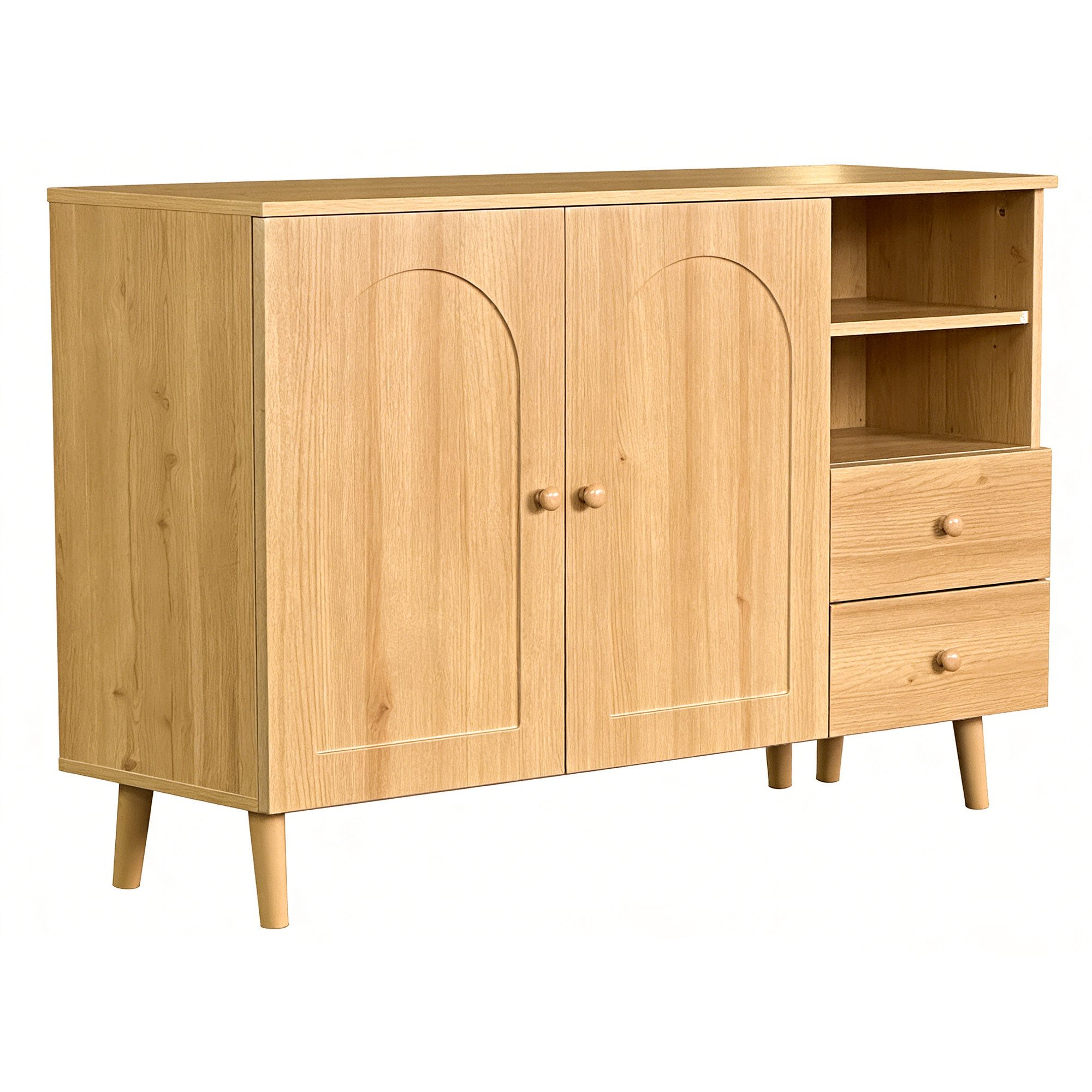 Yorbay Sideboard Mehrfachaufbewahrung mit 2 Türen, 2 Schubladen & offenem Fach (118 L x 35 B x 82 H (cm), mit gewölbten Türen, Holzgriffe & Holzfüße