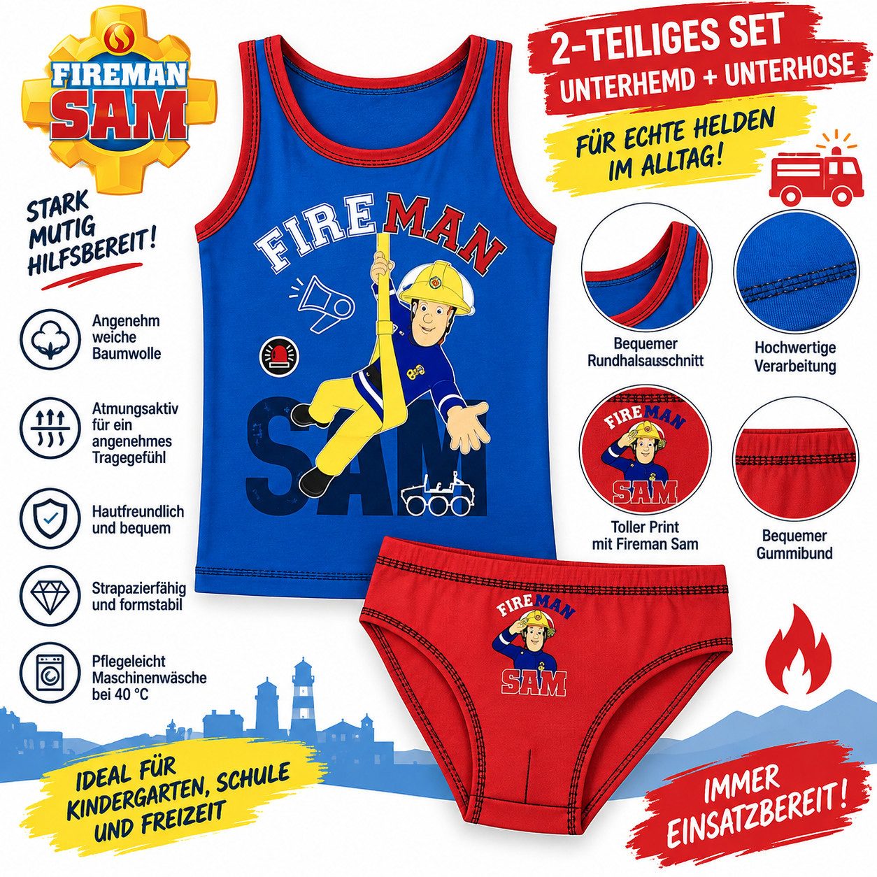 Feuerwehrmann Sam Hemd & Hose Feuerwehrmann Sam Jungen Unterhemd + Slip Set 2 - 7 Jahre (Set) Dopperpack Kinderunterwäsche – Bild 2 von 3