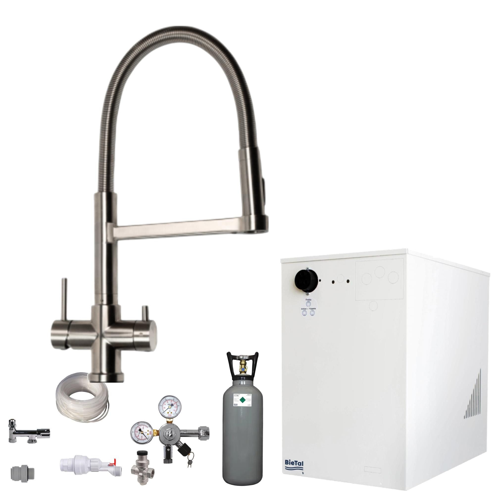 BieTal Wassersprudler Tafelwassergerät BieTal® BT-30U mit Kühlung Zapfstelle 3-Wege SET, (Set, mit 6Kg CO2 Flasche-tlg., 5-Wege Edelstahl Küchen Armatur mit Brause ohne Filteranlage), Sprudelwasseranlage Trinkwasser Wasserspender