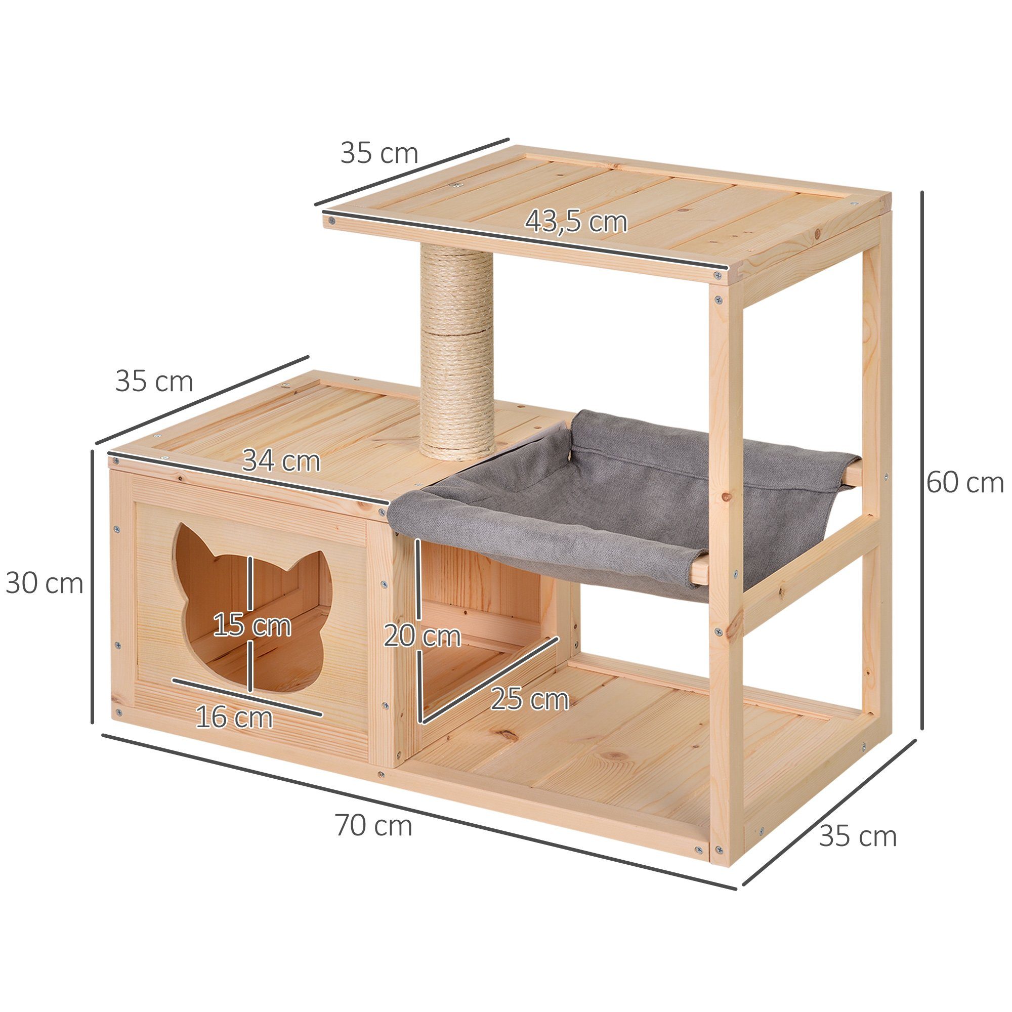 PawHut Tierbett Katzenhaus mit Hängematte, Katzenhöhle, Katzenbaum, Natur, Sisalseil, Baumwollstoff, 70L x 35B x 60H cm