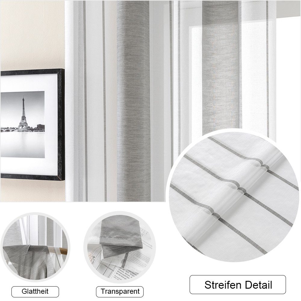 NUODWELL Gardine 2er Set Voile Gardinen mit Ösen, Kurz Streifen Vorhang Hal günstig online kaufen