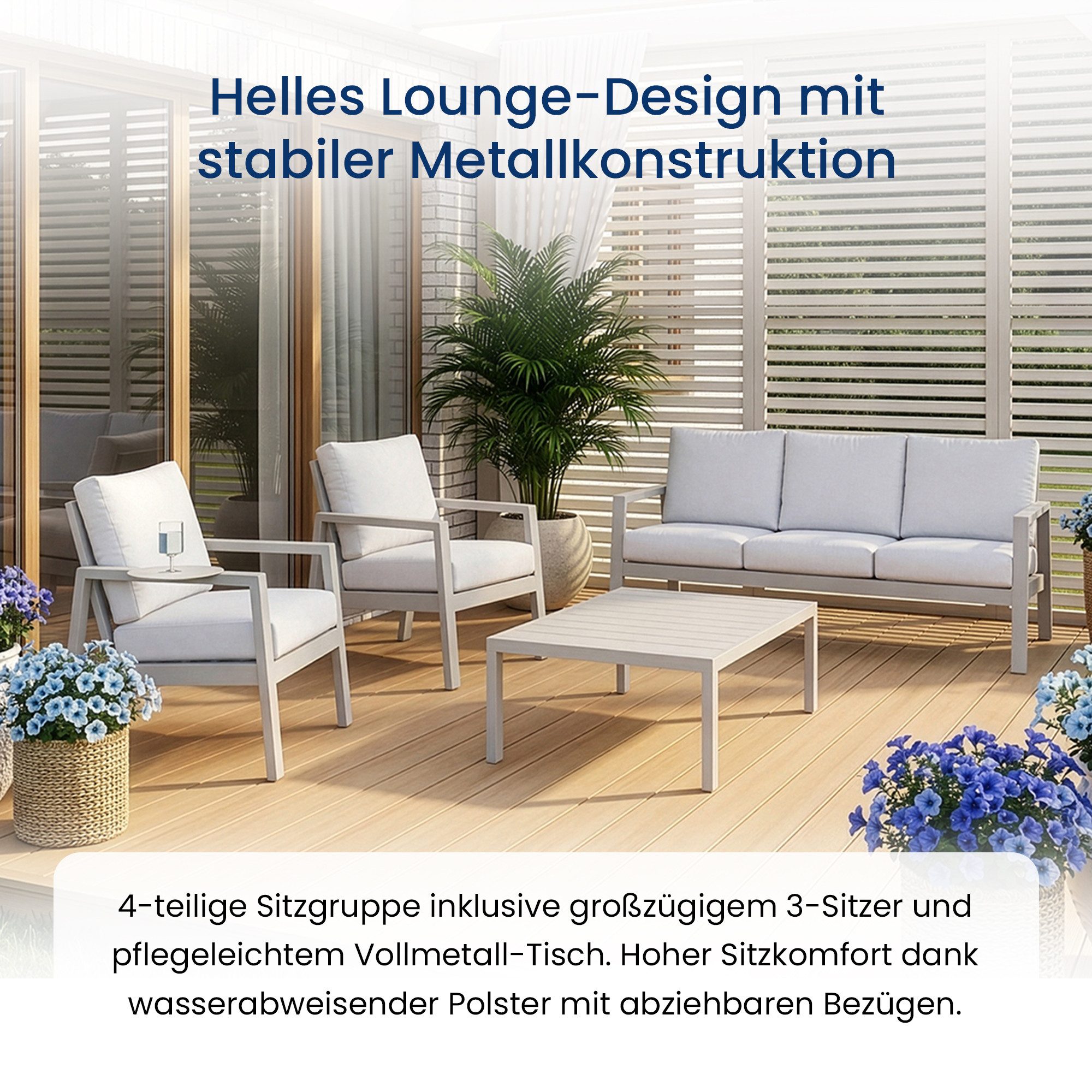 Home Collective Gartenlounge-Set Balkonmöbel Lounge Möbel Outdoor Terrassenmöbel Sitzgruppe mit Sofa, (4-teiliges Set mit 1 3-Sitzer Sofa, 2 Stühlen und 1 Tisch, inkl. abziehbarer Kissen), pulverbeschichtetes Metallgestell, Tisch in moderner Lattenoptik, Weiß