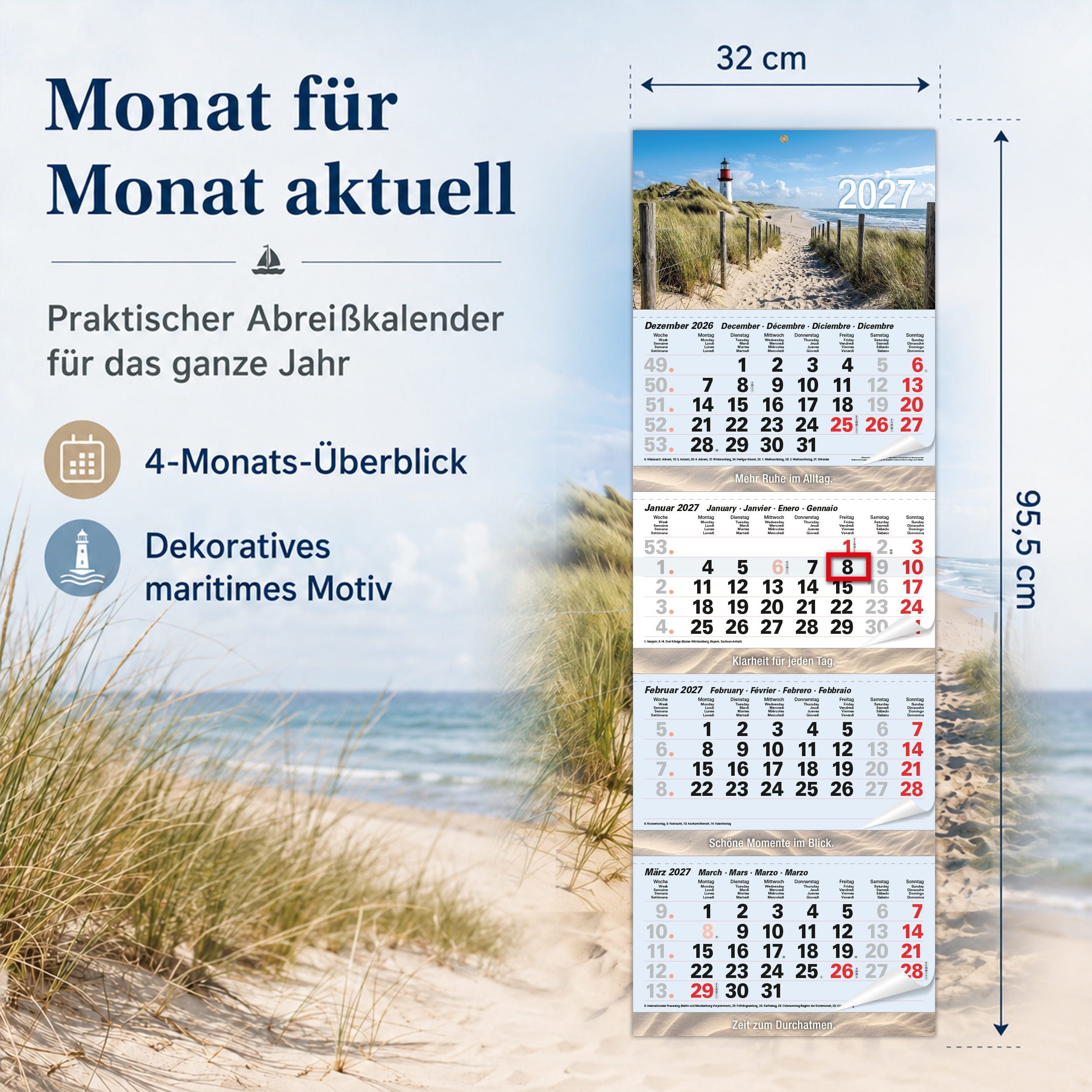 TOBJA Wandkalender 4 Monatskalender 2027 Nordsee Leuchtturm Strand 32x95,5 maritim FSC, Leuchtturm-Motiv, maritim, 32x95,5 cm, Datumsschieber, Metallöse – Bild 2 von 5
