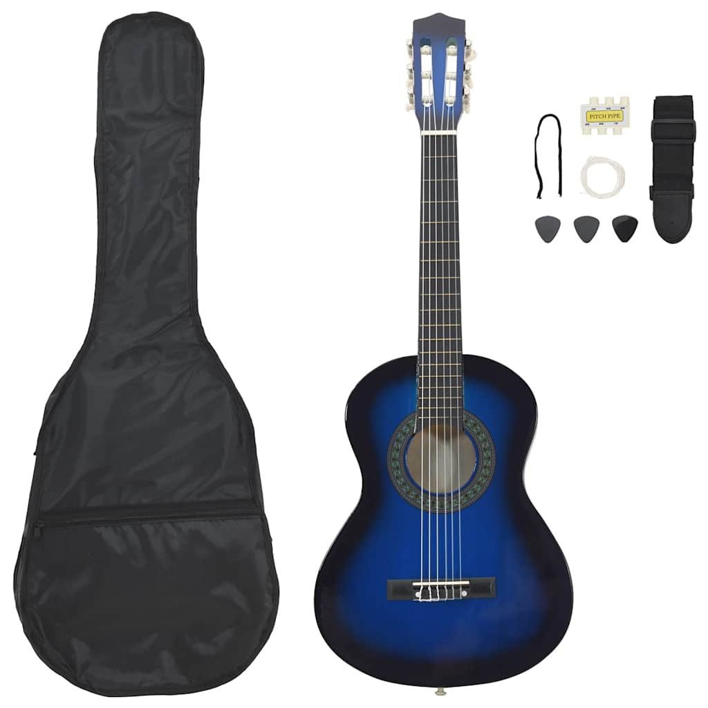 furnicato Akustikgitarre 8-tlg. Klassische Gitarre Set für Anfänger Blau 1/2 34, Massivholz-Saiteninstrument mit Tasche, Gurt, Plektren und Stimmpfeife