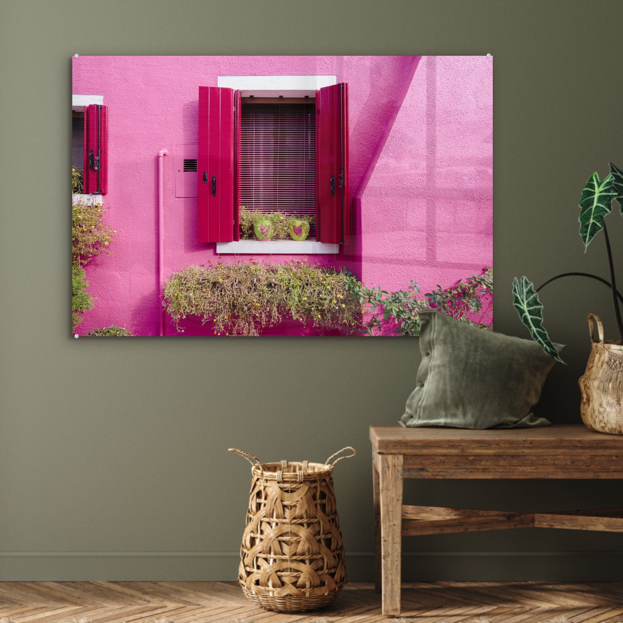 Fensterläden, MuchoWow Fenster Acrylglasbilder Wohnzimmer in & einem Blumentöpfe Herzen Acrylglasbild mit St), Schlafzimmer (1 rosa mit