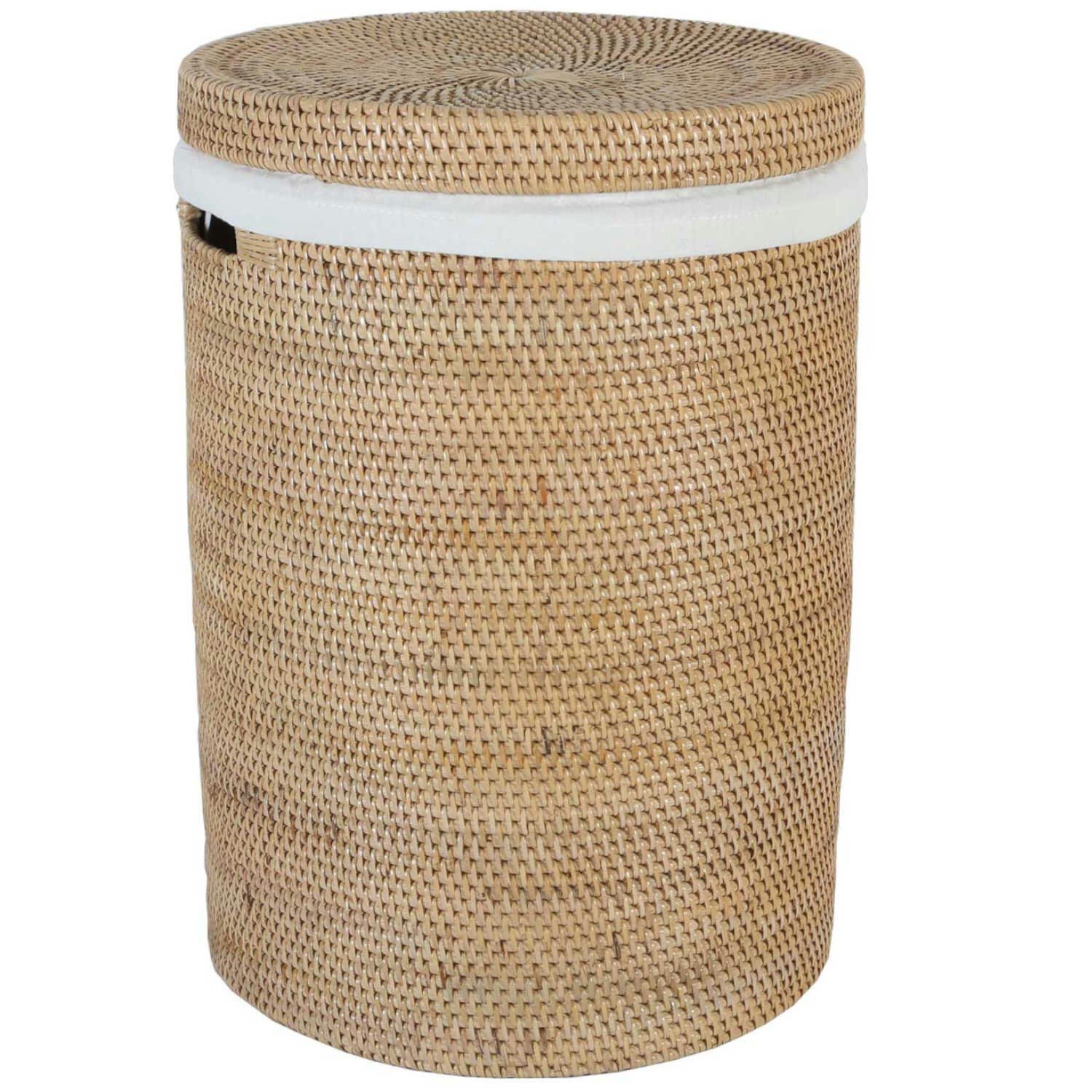 Casa Moro Wäschekorb Rattan Wäschekorb CLEO mit Deckel & Innenfutter rund (Aufbewahrungskorb rustikal geflochten, Rattankorb Weide Wäschebehälter), Boho Chic Wäschesammler mit Griff