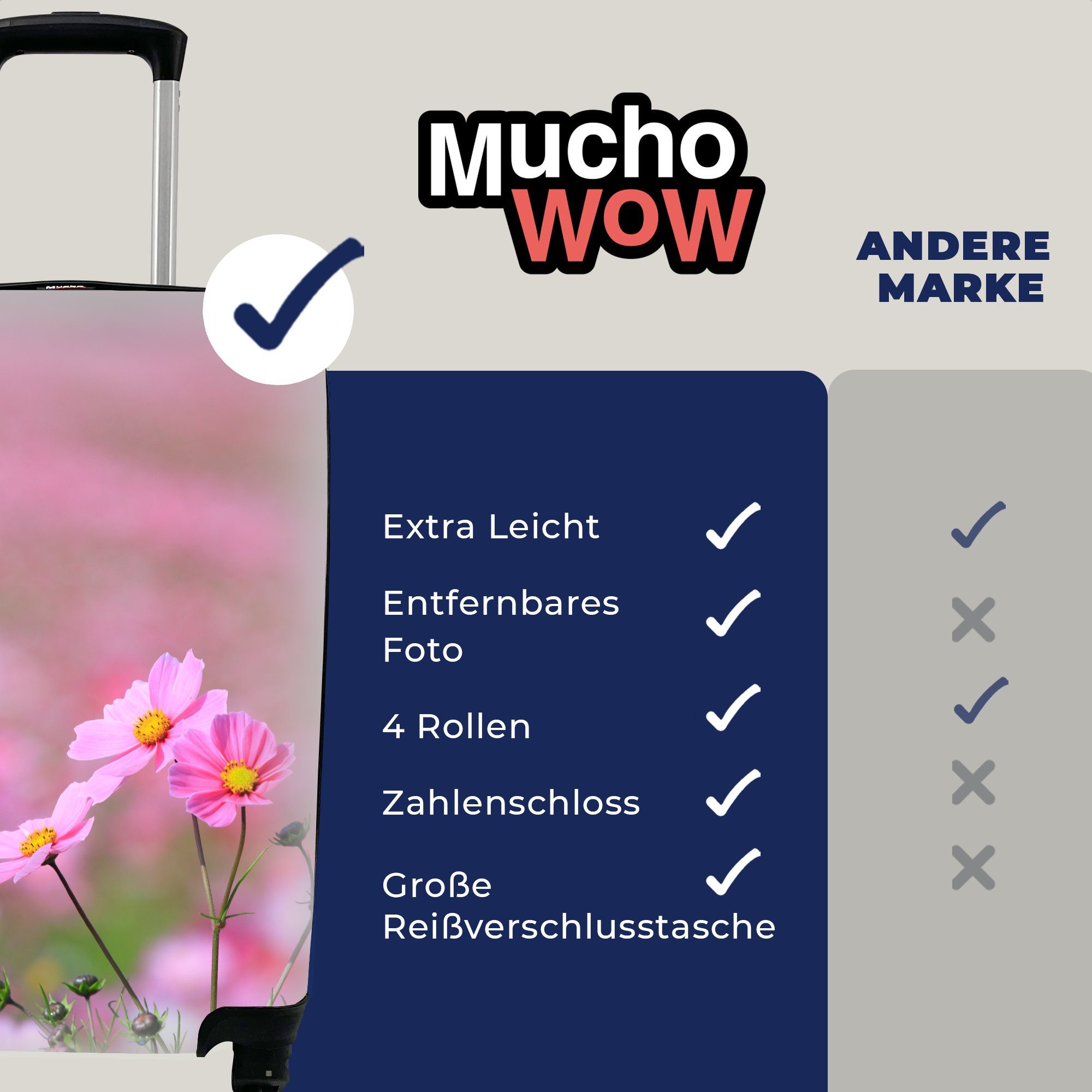 Draußen - für Ferien, 4 Reisetasche mit Reisekoffer Trolley, rollen, Rosa, Handgepäckkoffer Handgepäck Blumen - Rollen, MuchoWow