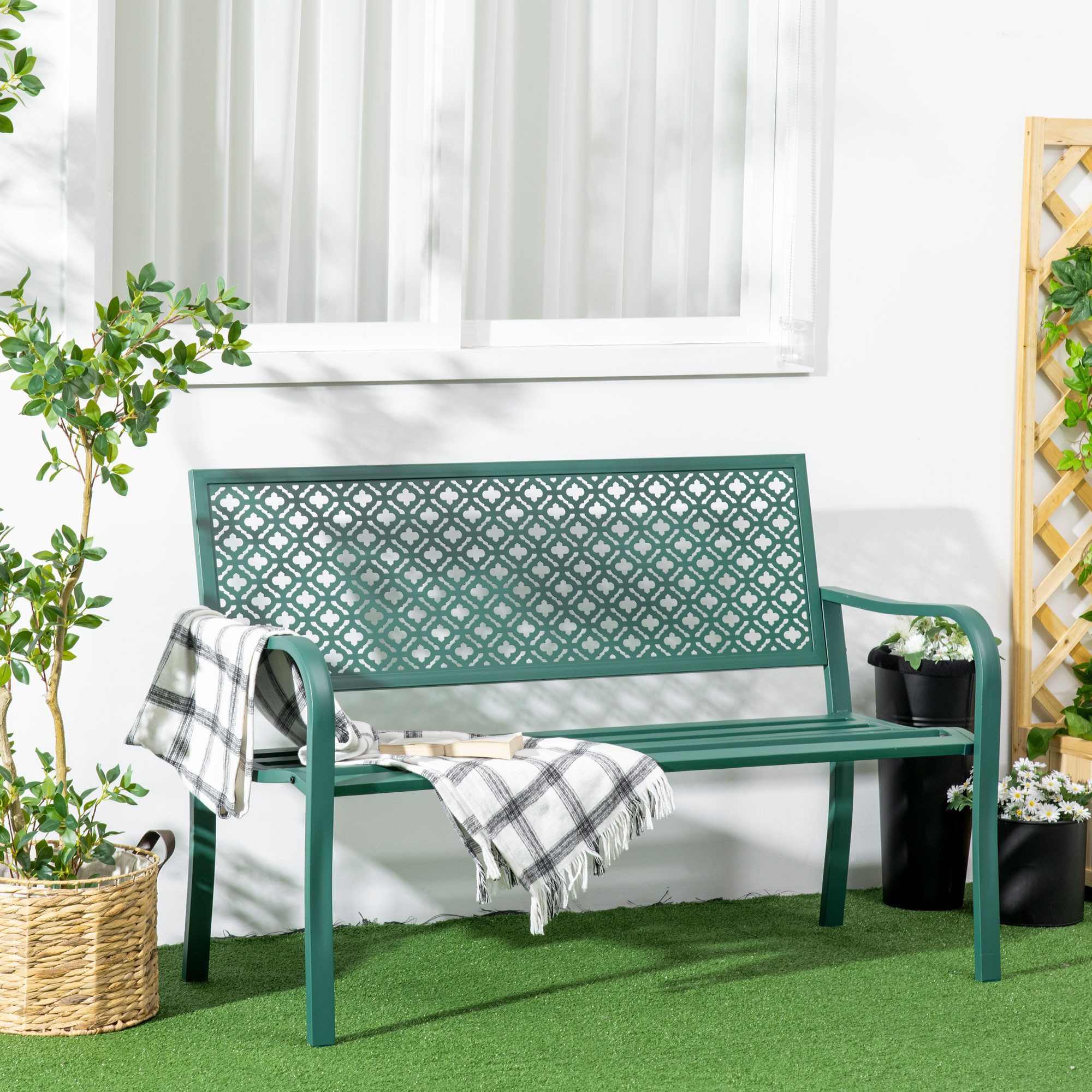 Outsunny Gartenbank Parkbank mit Rücken- & Armlehne, Blumenmuster, für Garten, Balkon (Sitzbank, 1-St., Gartenmöbel), max. 240 kg, Dunkelgrün, 127 x 63 x 83 cm