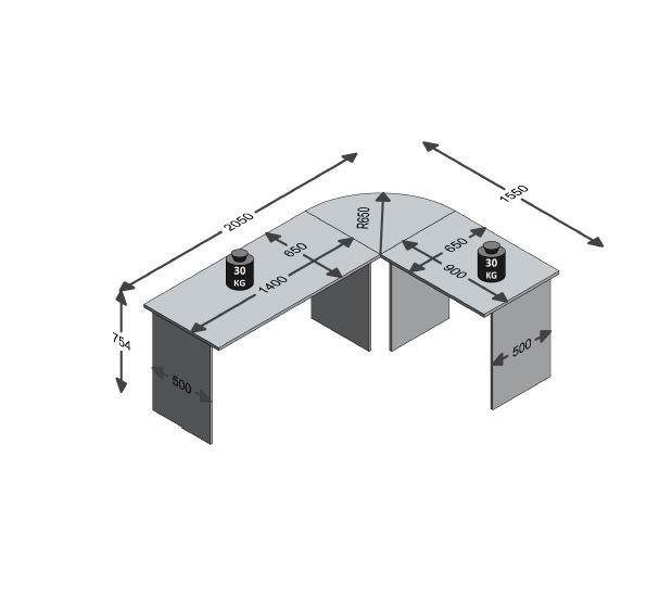 in FMD moderner Winkel-Schreibtisch, 205/155x75,4x65,0 cm Eckschreibtisch, Made weiß Germany,