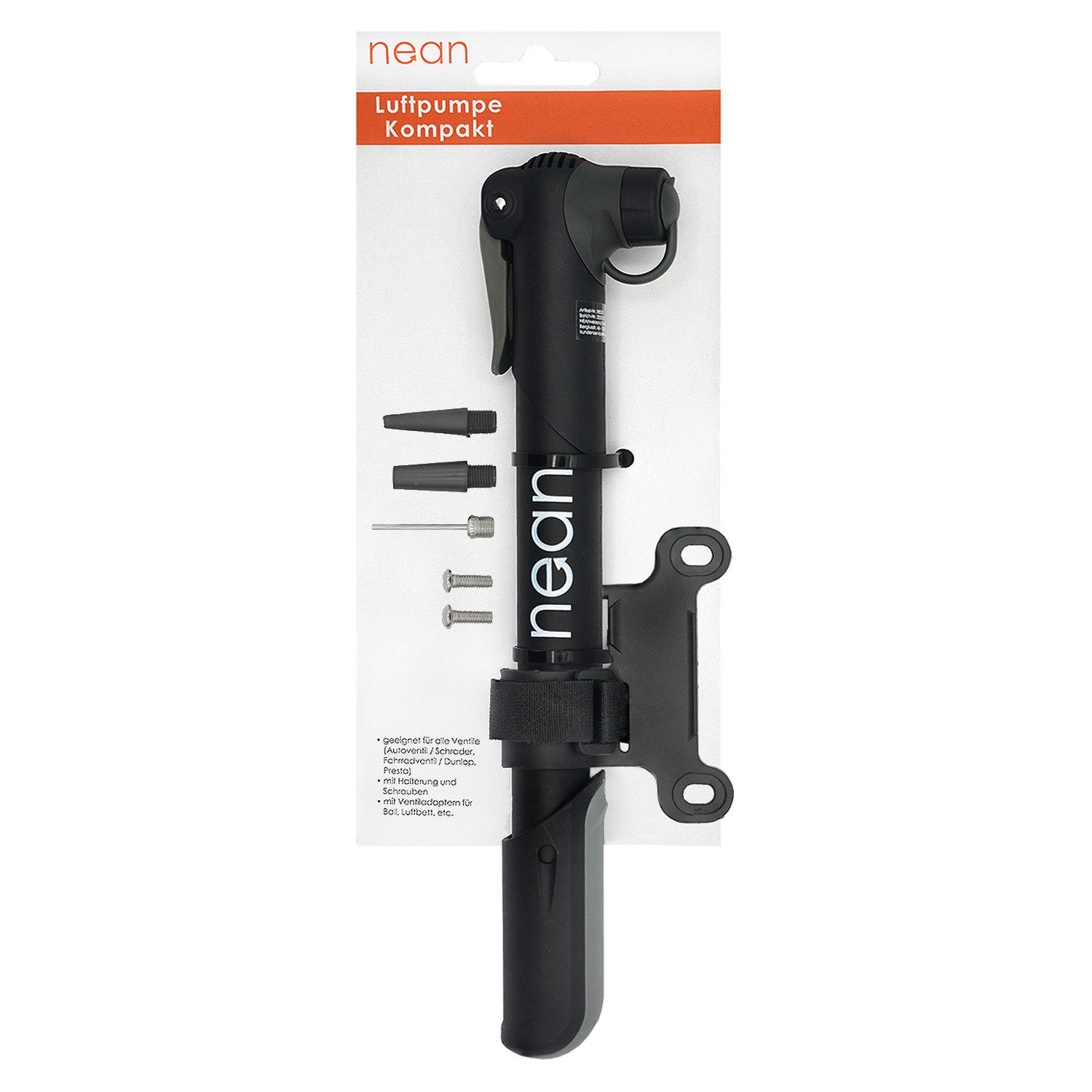 nean Fahrradpumpe Fahrradpumpe Kompakt, mit Halterung und Ventiladapter, 4,1 bar, schwarz