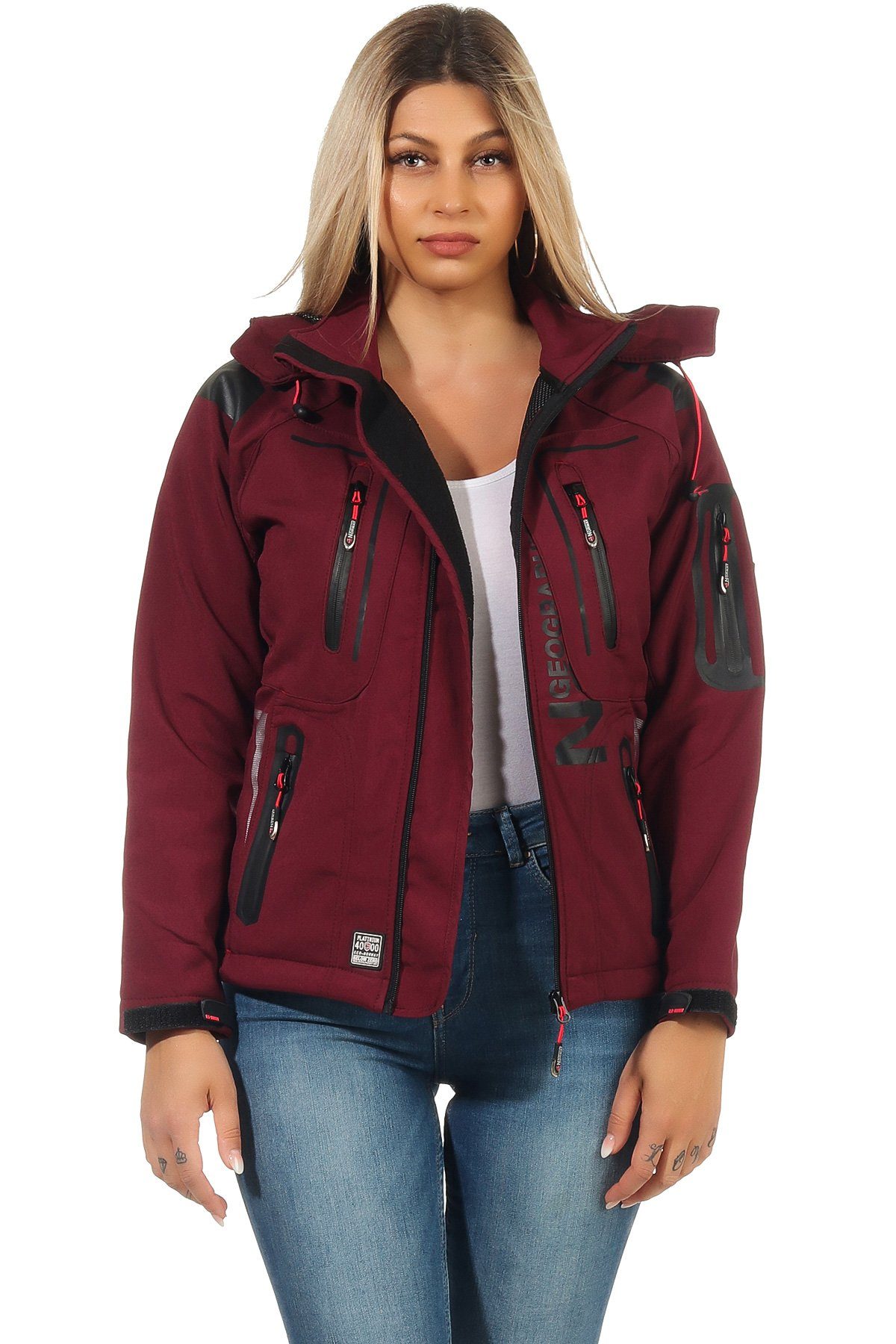 Geographical Norway Softshelljacke Geographical Norway Damen Softshell Outdoor Wander Sport Jacke in Unifarbe, mit abnehmbarer Kapuze, mit Stehkragen