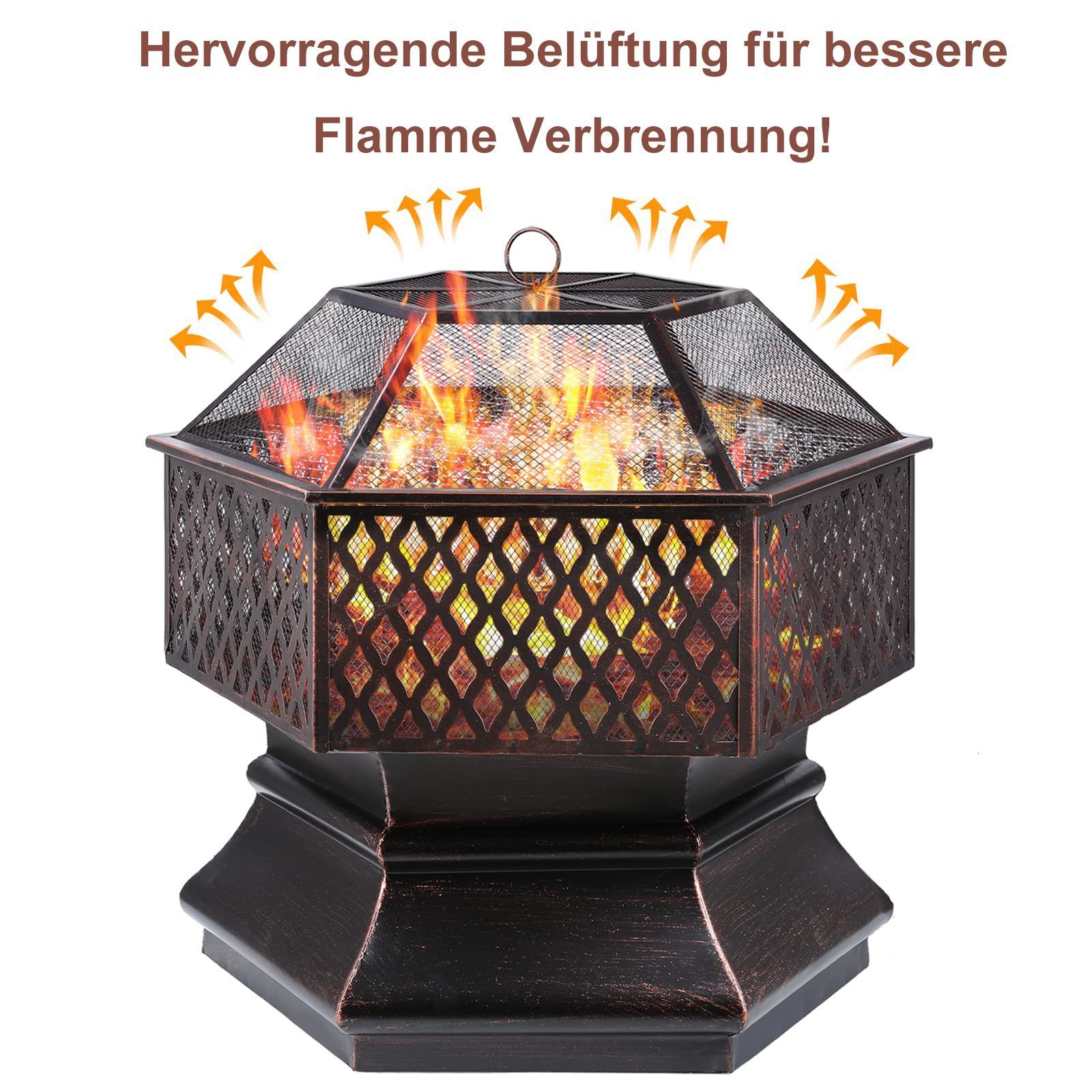 TLGREEN Feuerschale mit Grillrost und Funkenschutz, (Sechseckige Feuerstelle, Solide und Stabil), 71/66,XXXL, Feuerschalen für den Garten – Bild 4 von 5