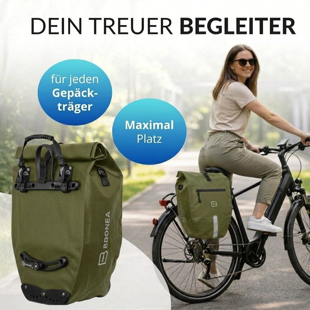 Bronea Fahrradtasche 2in1 Gepäckträgertasche Fahrrad XXL 28 Ltr - Verstärkt - Abnehmbar (Fahrradtasche für Gepäckträger hinten, Wasserdicht & Reflektierend - Laptoptasche), Innovatives verstellbares Click System für alle Gepäckträger