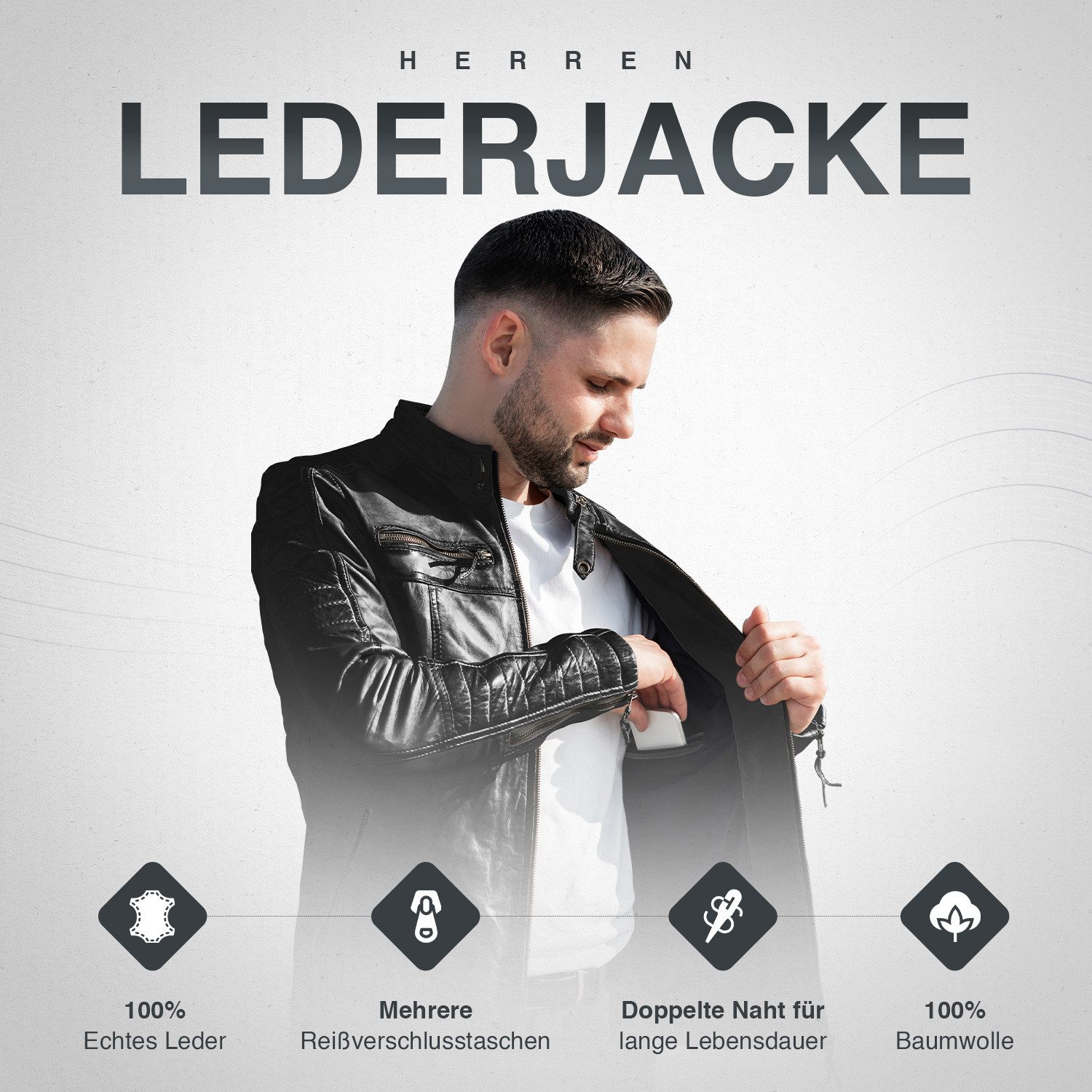 PAULGOS Lederjacke Herren Jacke Übergangsjacke Biker Look 100% Echtleder D1