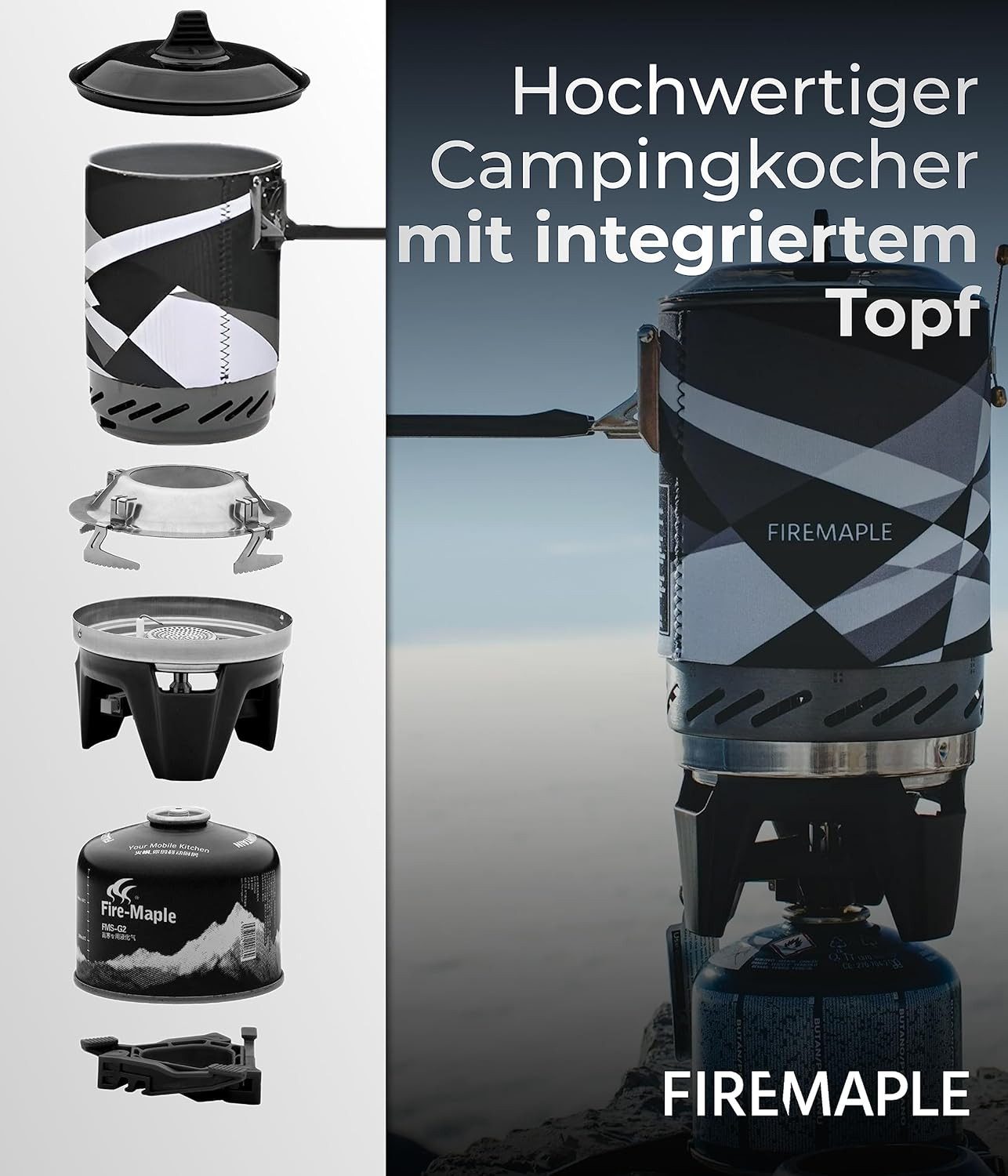 FireMaple Gaskocher Star X2 Black Gaskocher-Set, (Packung, Einzelstück), Wärmezirkulation für 30% höhere Effizienz