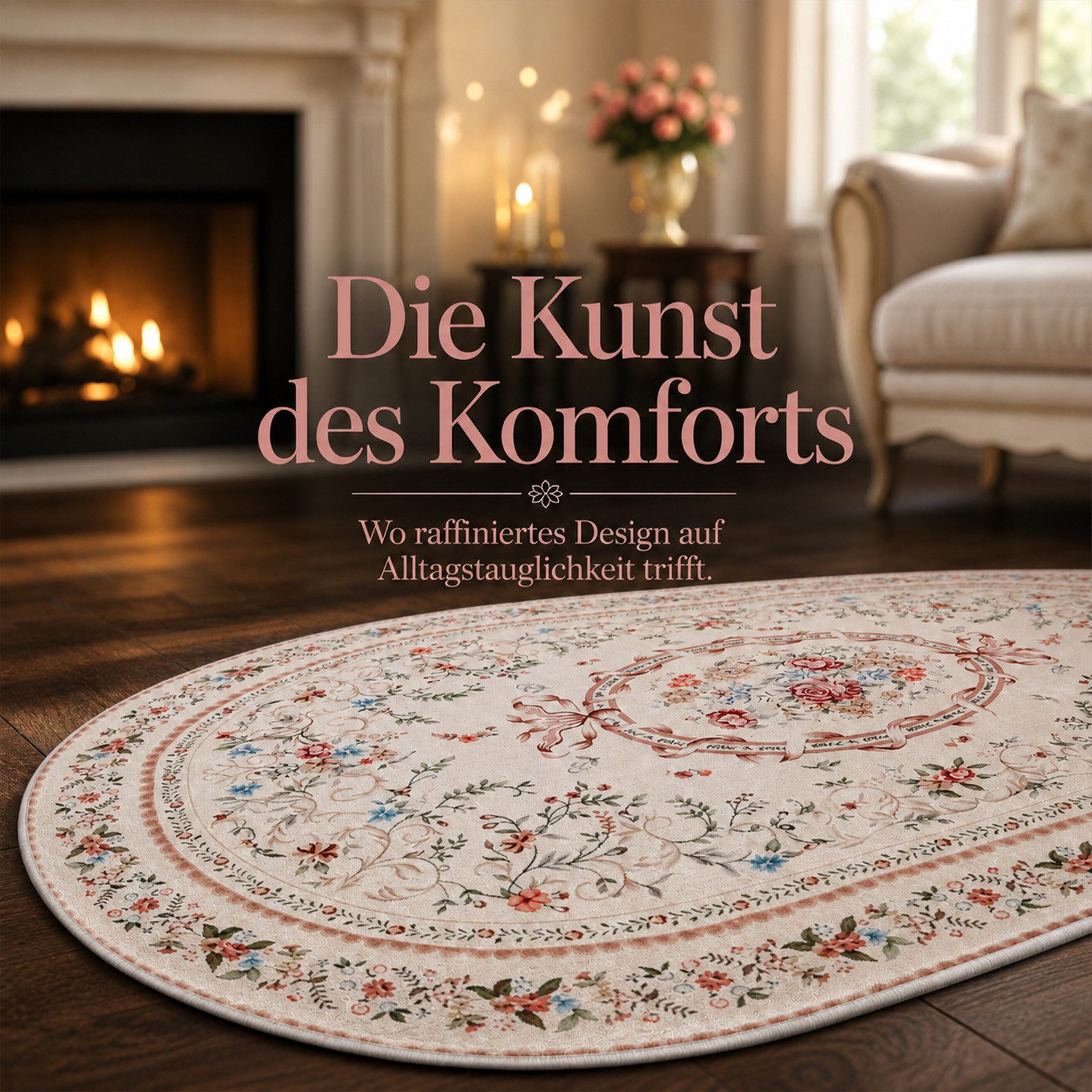 Youyijia Teppich Samtteppich Oval 227x160cm, Vintage Blumenteppich Wohnzimmer – Bild 4 von 5