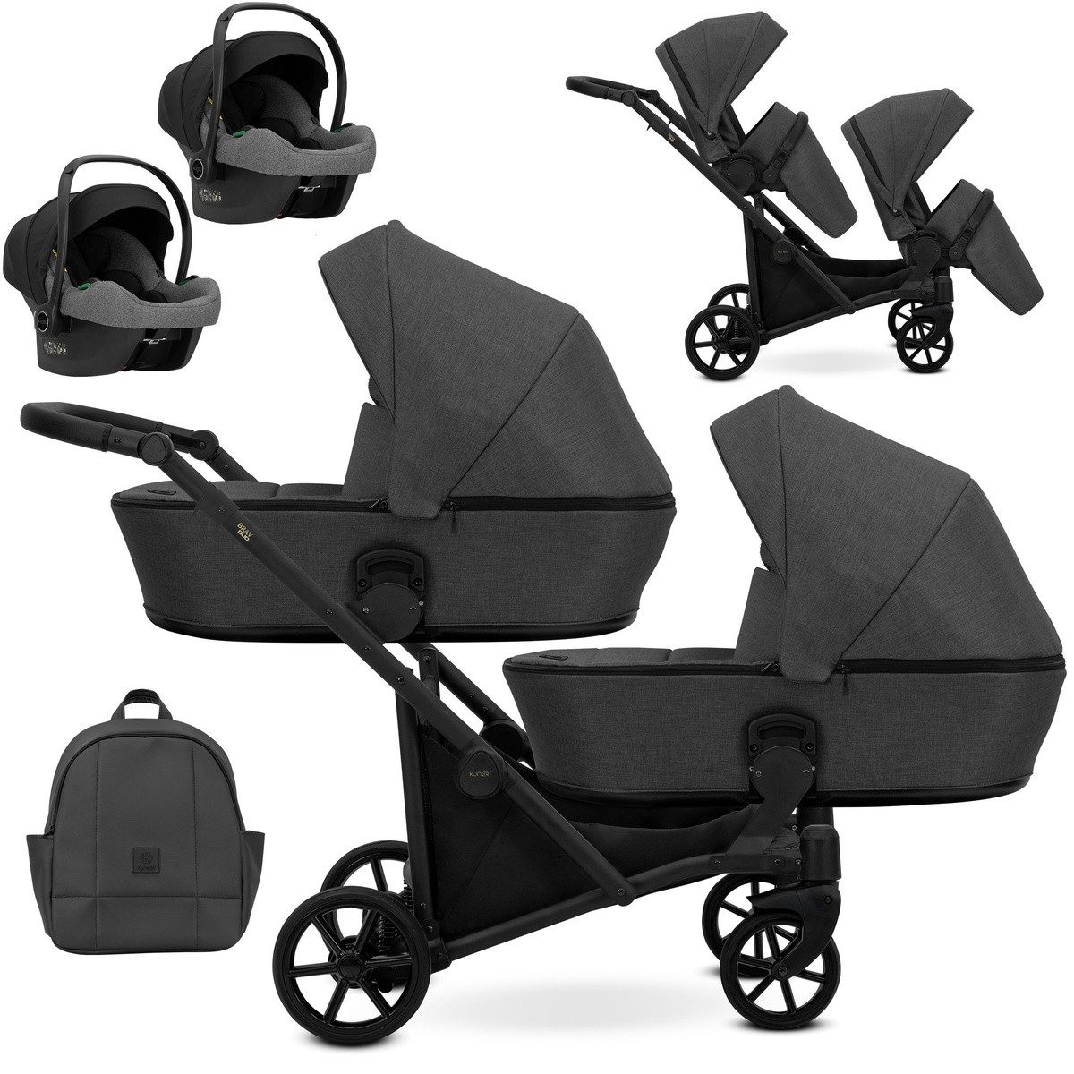 KUNERT Zwillings-Kombikinderwagen BRAV DUO 3 in 1 Doppelkinderwagen mit 2x Cosmo Babyschalen, 12 Konfigurationen, leichter Aluminiumrahmen, große Ablagefächer