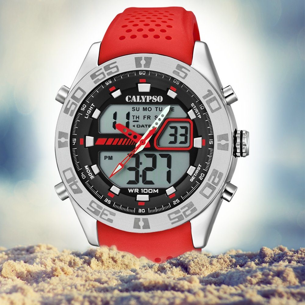 Calypso Uhr Digitaluhr rot, Kunststoff, Armbanduhr Sport PUarmband CALYPSO Herren Herren K5774/2, WATCHES rund,