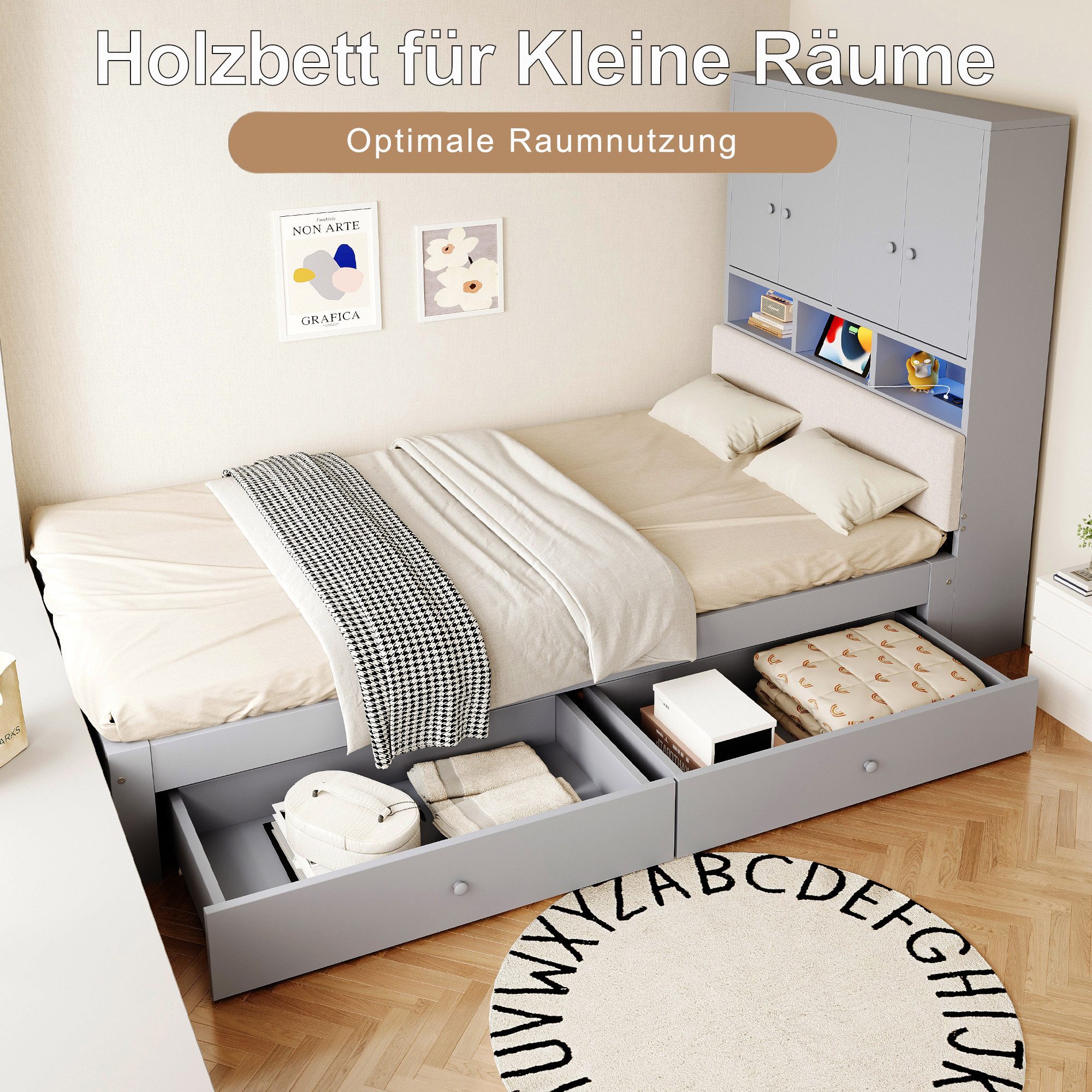 i@home Stauraumbett Funktionsbett, Holzbett, 90 x 200 cm, Einzelbett, Grau (1-tlg), Mit LED-Beleuchtung und Steckdose, mit gepolsterter Rückenlehne, Grau – Bild 3 von 5