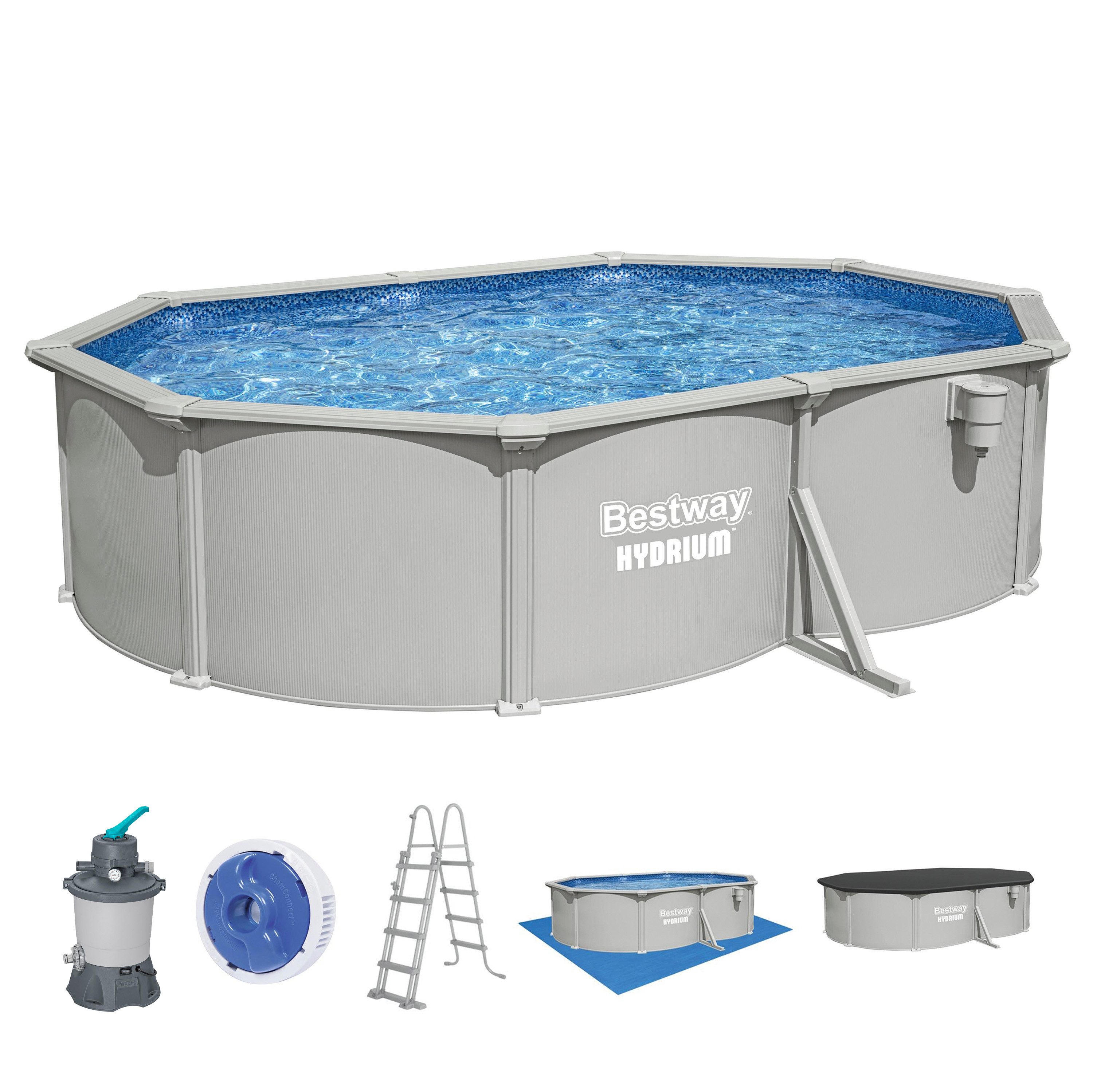 Bestway Pool Hydrium (Set, Inkl. Sandfilteranlage, Sicherheitsleiter, Abdeckplane, Bodenplane), 500 x 366 x 122 cm