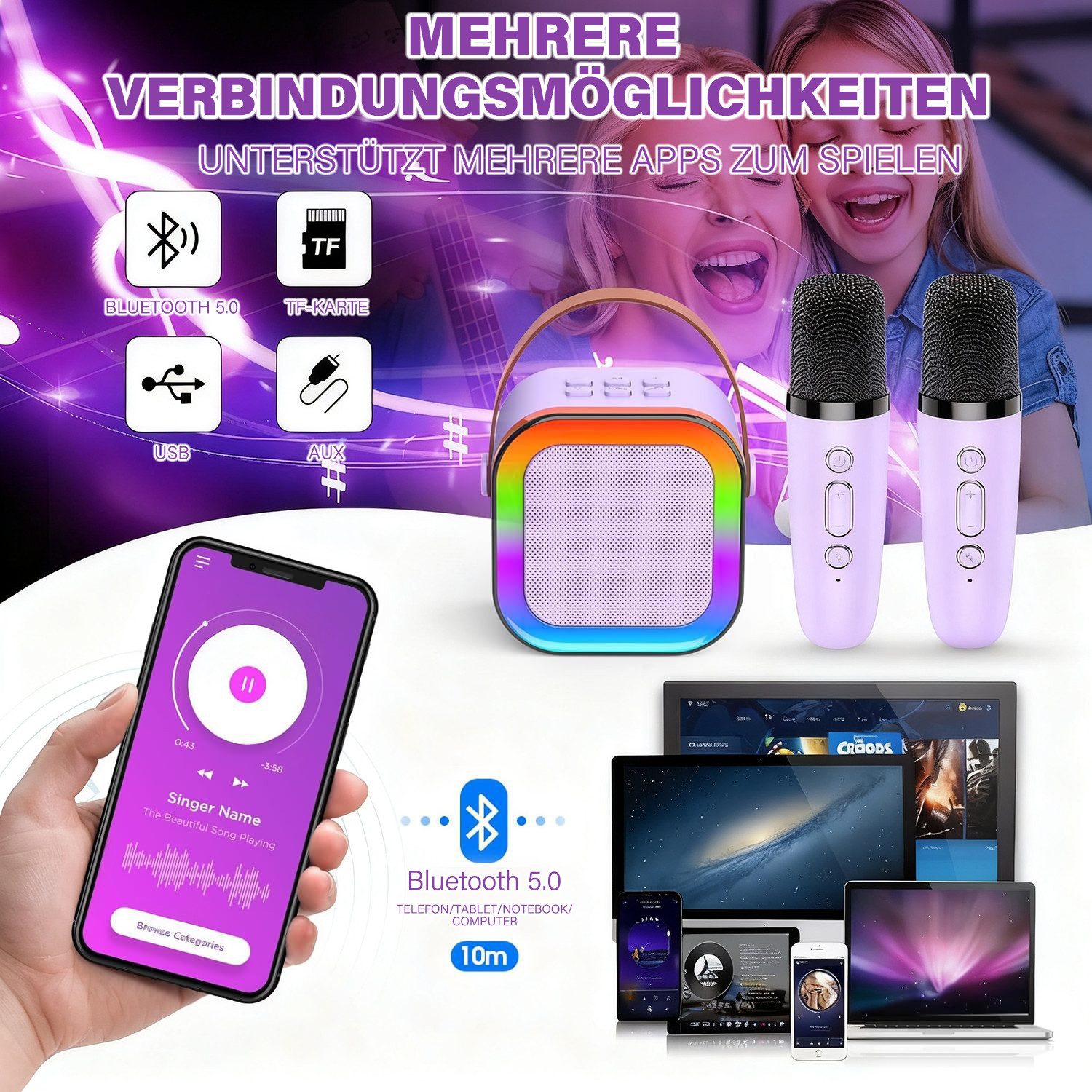 MOPUEA Mini-Karaoke-Set Karaoke-Maschine mit 2 kabellosen Mikrofonen Bluetooth-Lautsprecher (5 W, Spielzeug, Partygeschenk, tragbar, Geschenke)