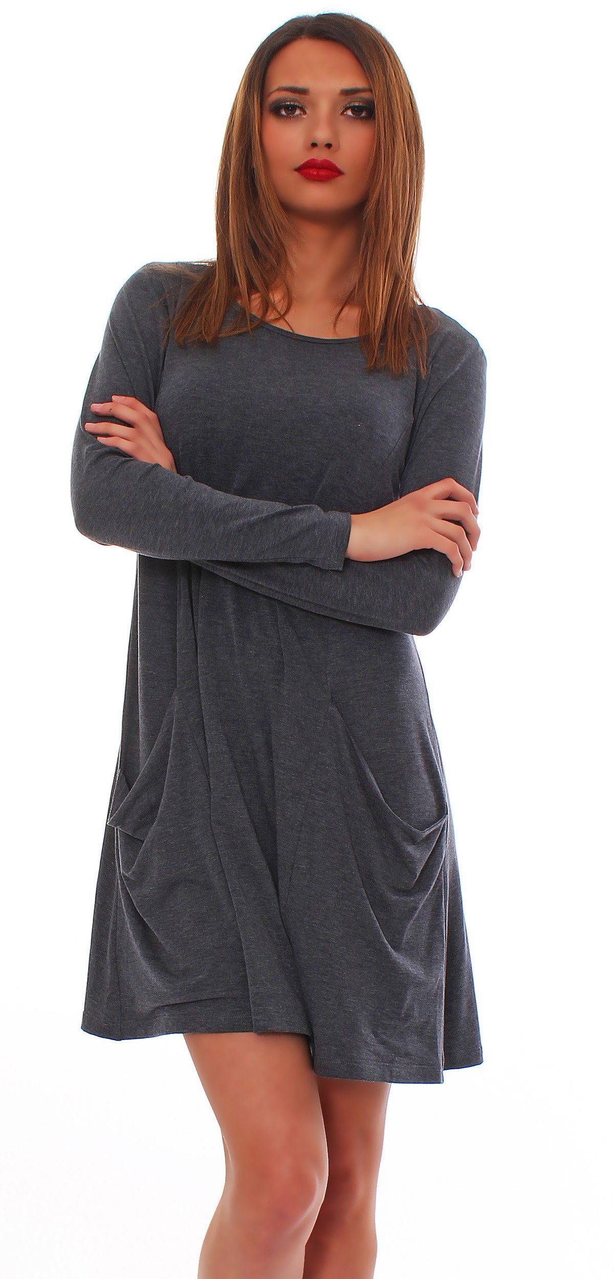 Mississhop A-Linien-Kleid Kleid Tunika Longshirt Pulli Tunika Minikleid mit Taschen 6514 Graphit_Lang | Sommerkleider