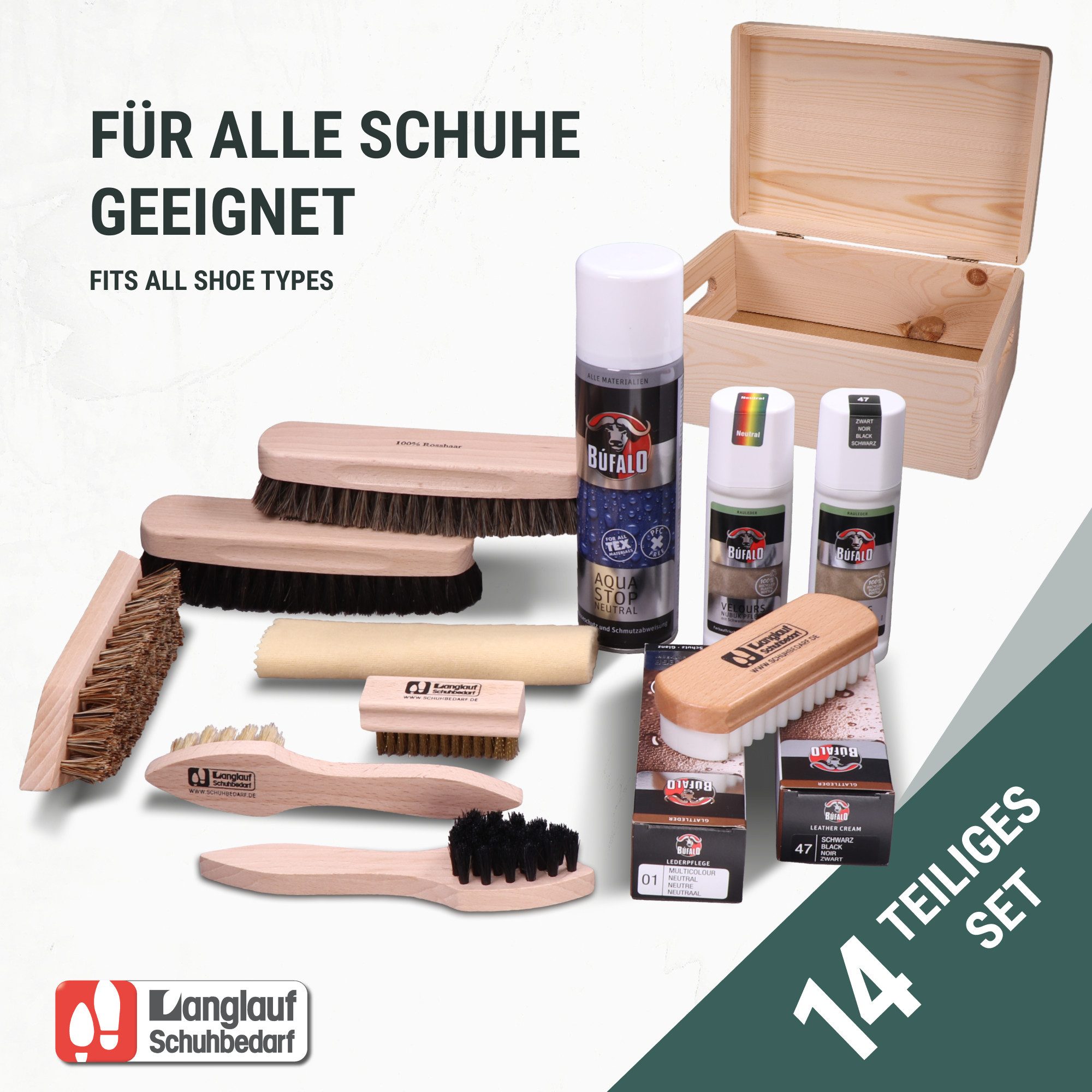 Langlauf Schuhbedarf Reinigungsbürsten-Set Schuhputzkiste Bologna, 14-teilig für Glattleder,Suede und Wildleder