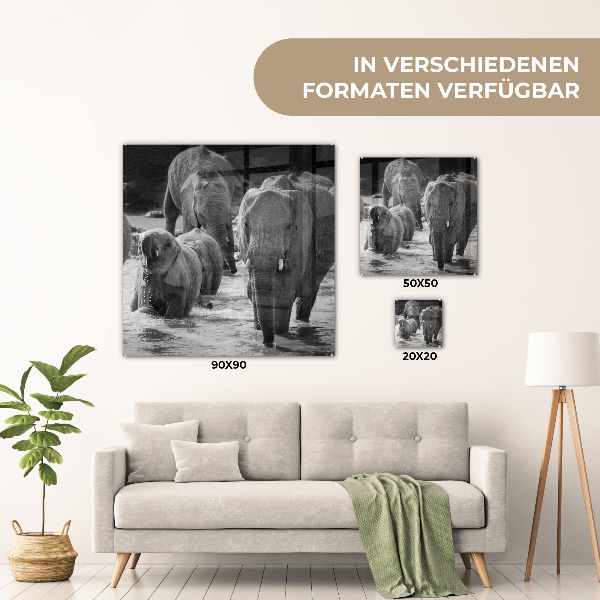 auf MuchoWow - St), Acrylglasbild - auf Schwarz - Tiere - und Glas Glasbilder Wandbild Wanddekoration Wasser - weiß, Elefant (1 Foto - Bilder Glas