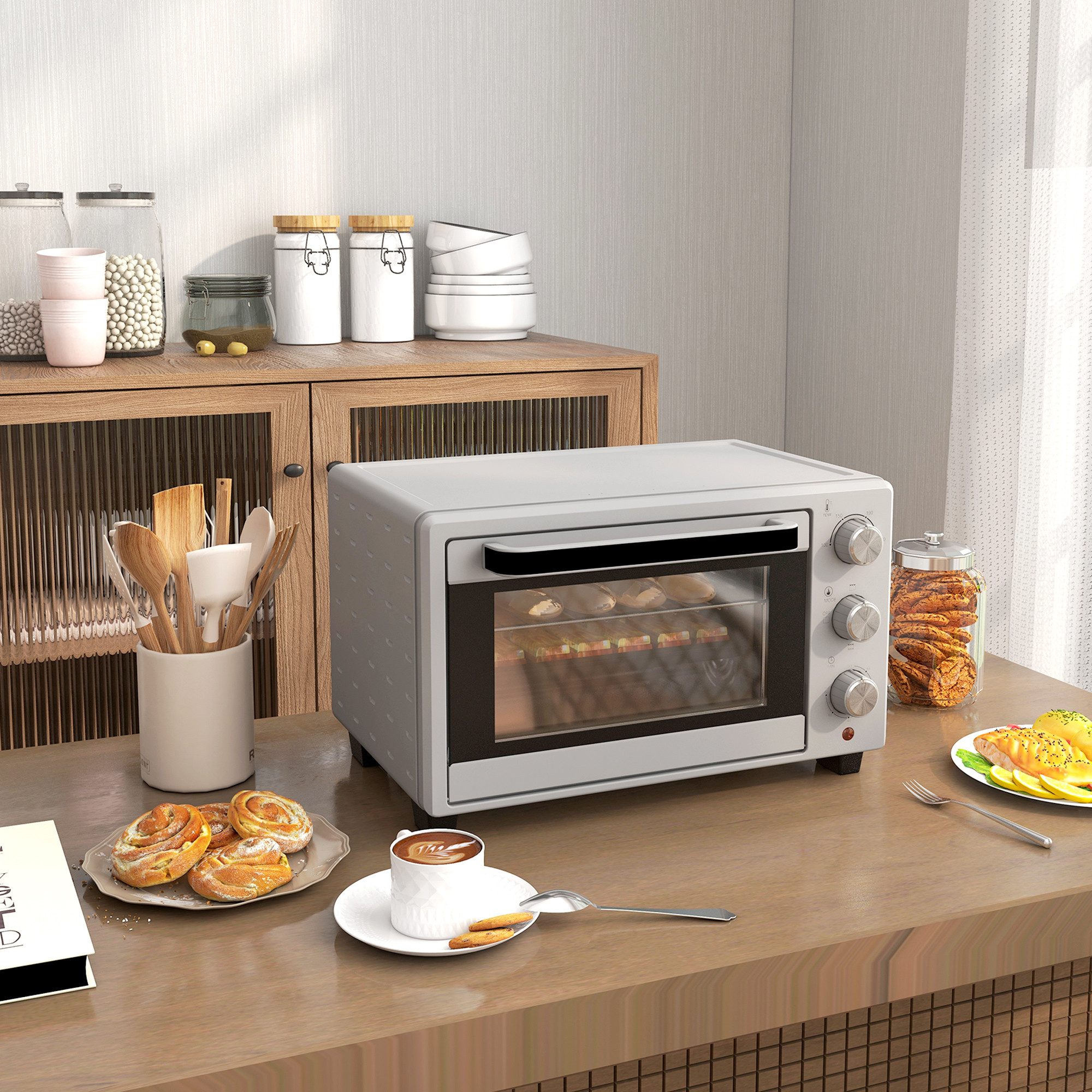 HOMCOM Minibackofen Backofen 21 L 1400W 100-230℃ Pizza-Ofen mit Backblech Grillrost, zum Grillen, Backen, Toasten, Silber