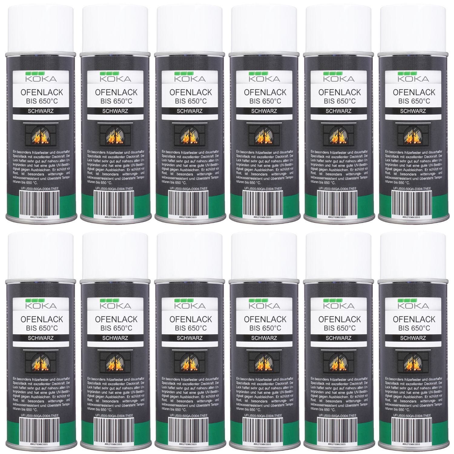 KOKA Sprühlack 12x Ofenlack 650°C Ofen-Farbe Schwarz Matt, Thermolack Lack-Spray